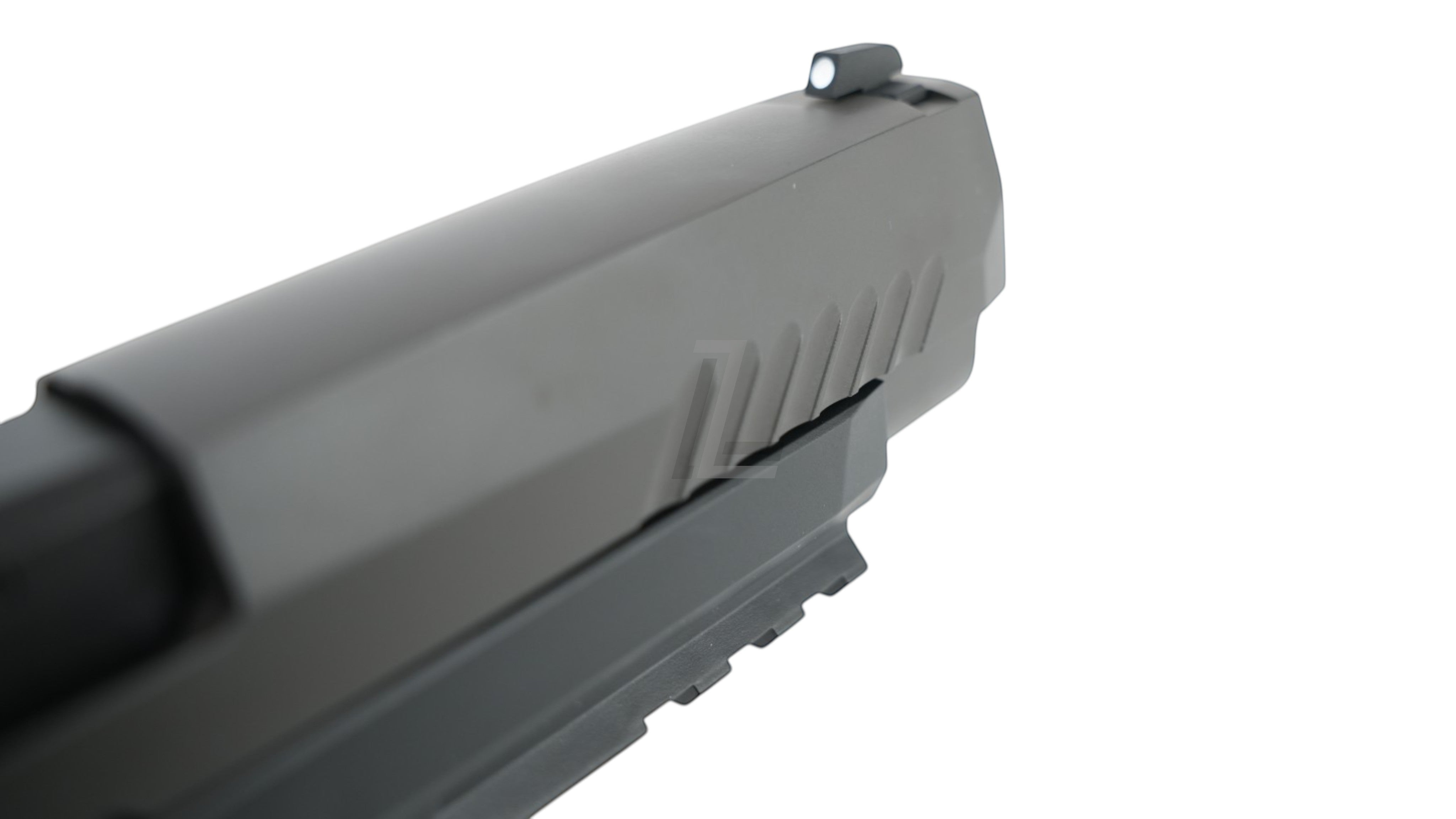 Close-up of the matte black slide and iron sight on a Landing Zone PARABELLUM P320 XFULL airsoft GBB pistol.