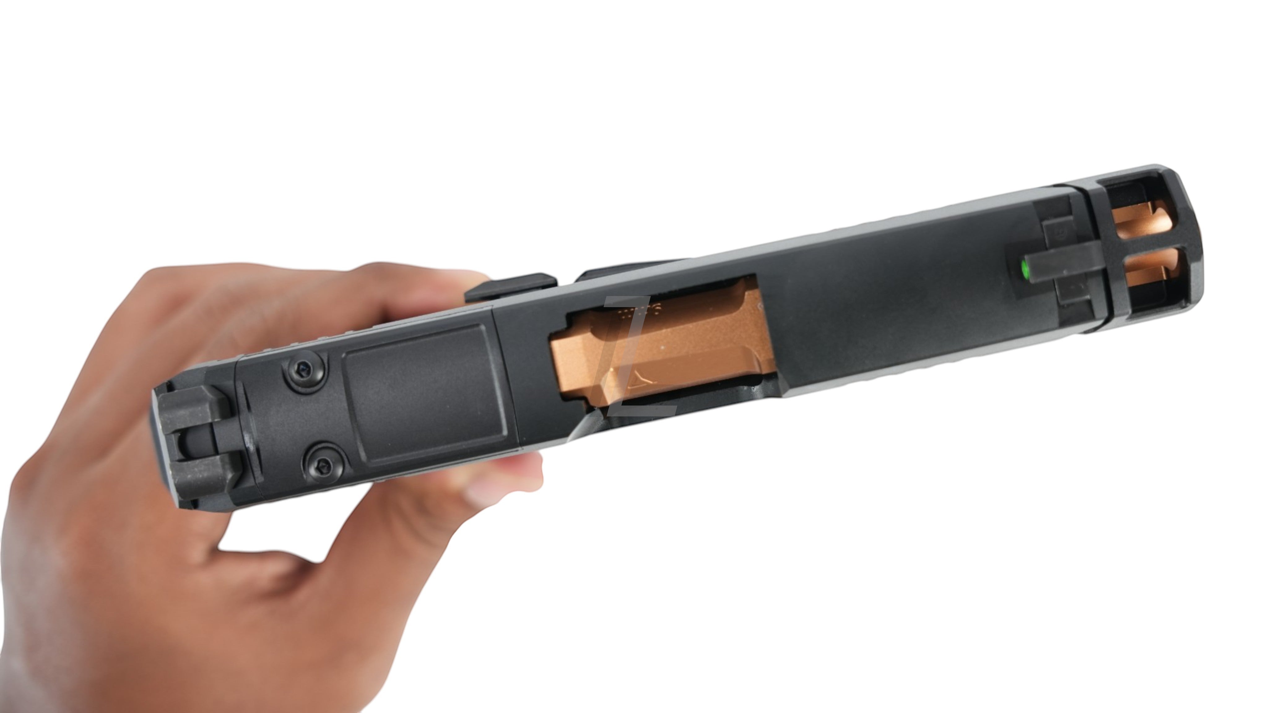 Landing Zone PARA BELLUM P365 X-COMP GBB airsoft pistol featuring a black slide and metallic bronze barrel.