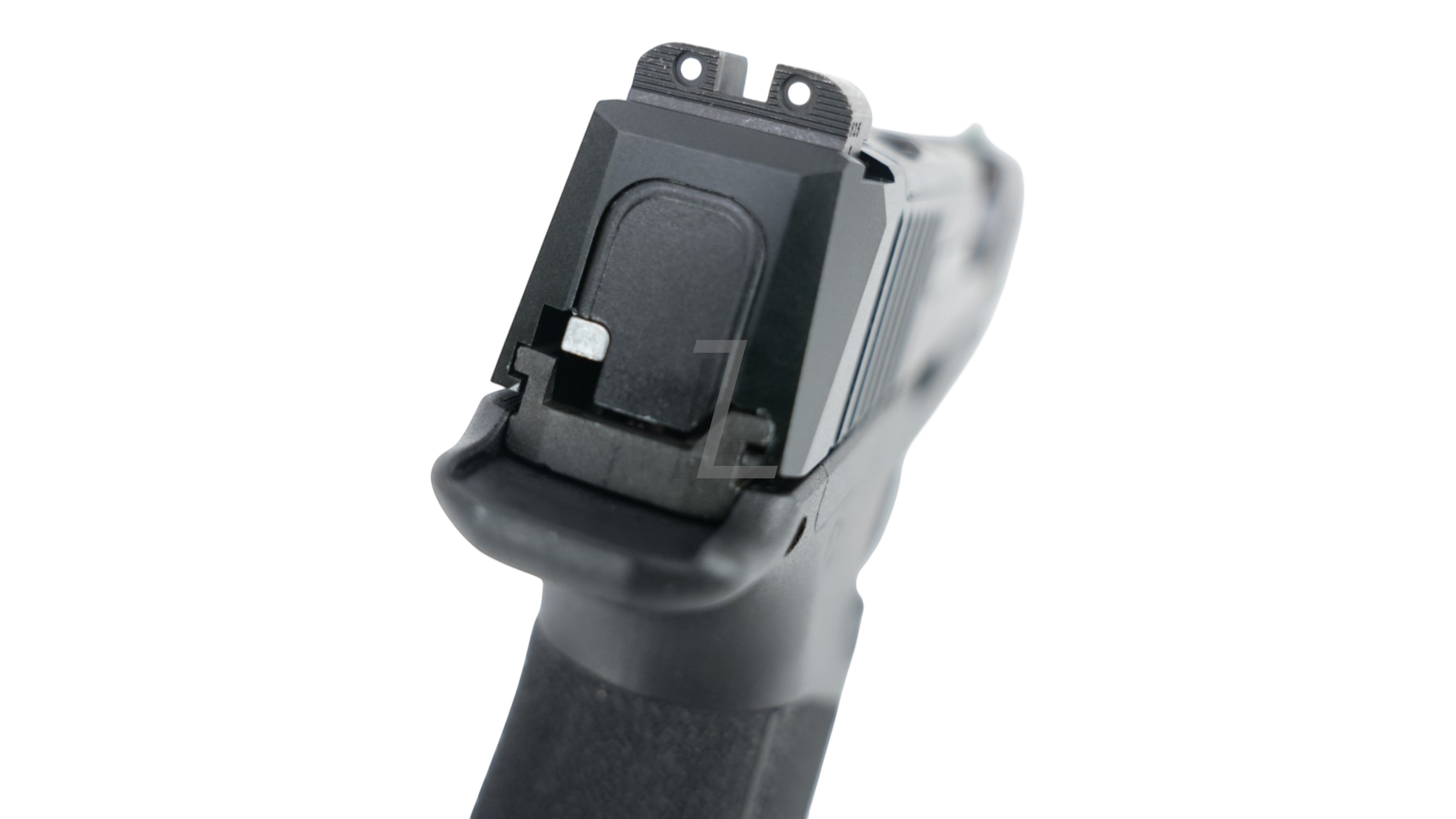 Rear view of Landing Zone PARA BELLUM P365 X-COMP GBB airsoft pistol showing iron sights and slide detail