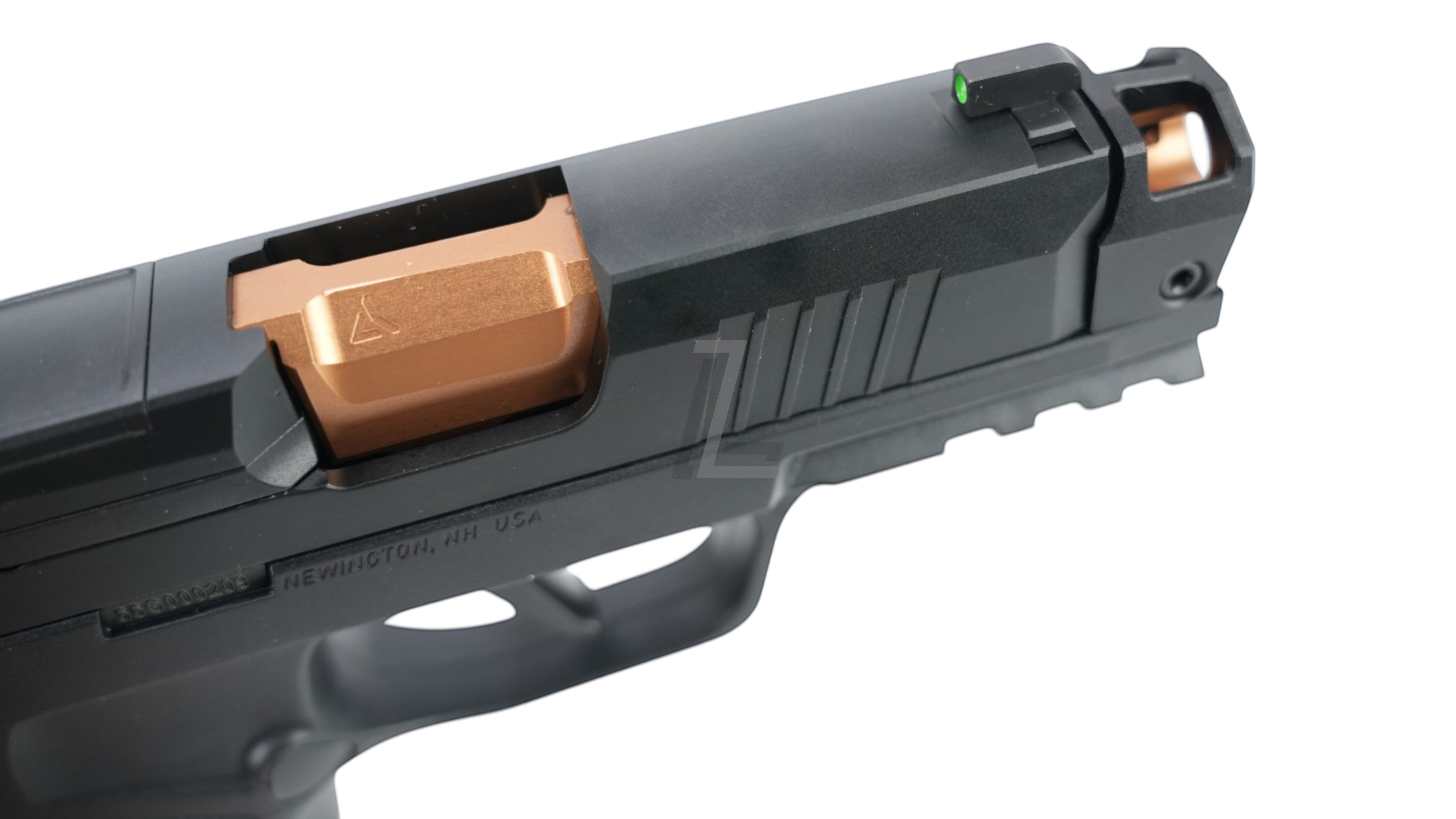 Landing Zone PARA BELLUM P365 X-COMP GBB airsoft pistol featuring a black slide, copper barrel, and green fiber sight.