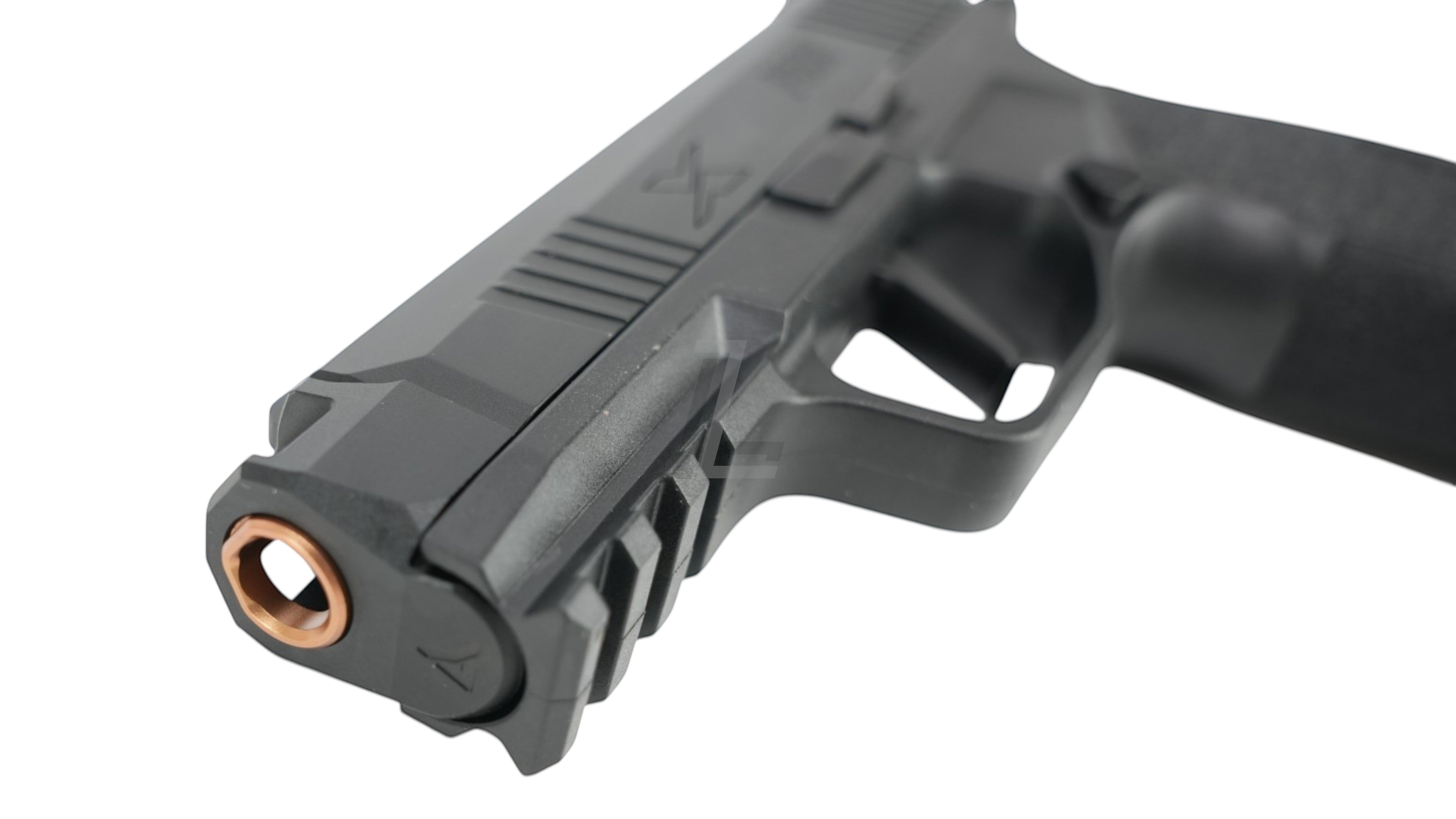 Landing Zone PARA BELLUM P365 X-COMP GBB airsoft pistol in black with a distinctive copper-colored barrel tip.
