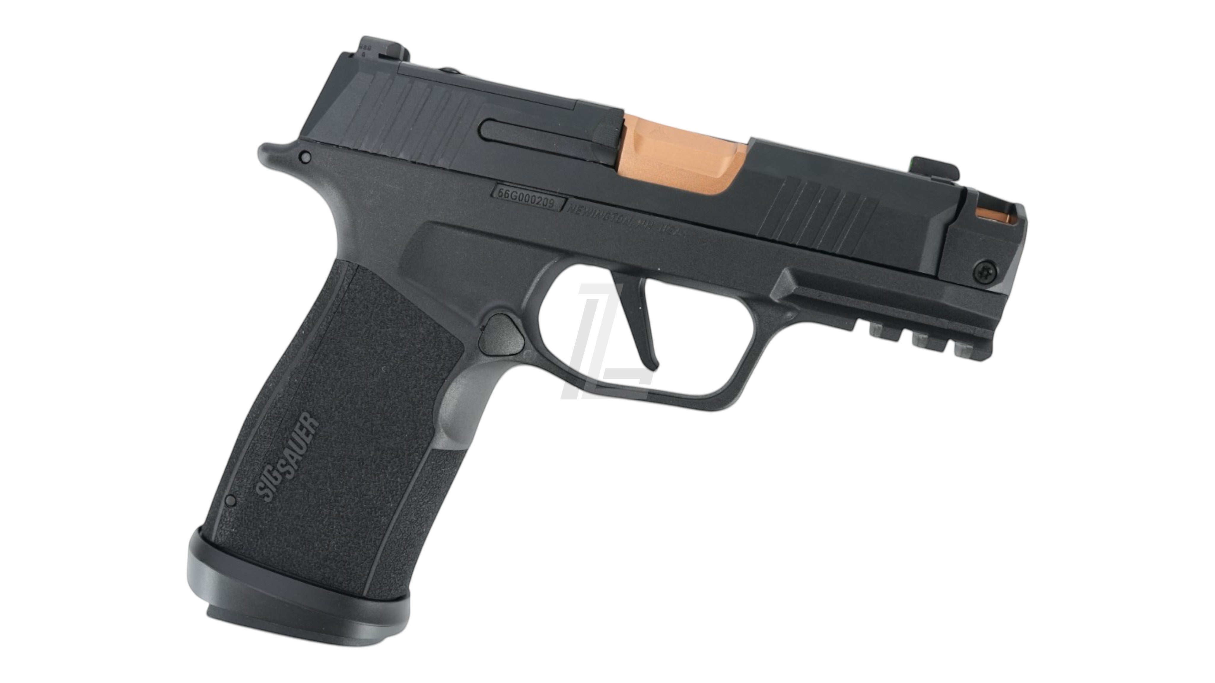 Landing Zone PARA BELLUM P365 X-COMP GBB airsoft pistol in black with a metallic bronze barrel and integrated compensator