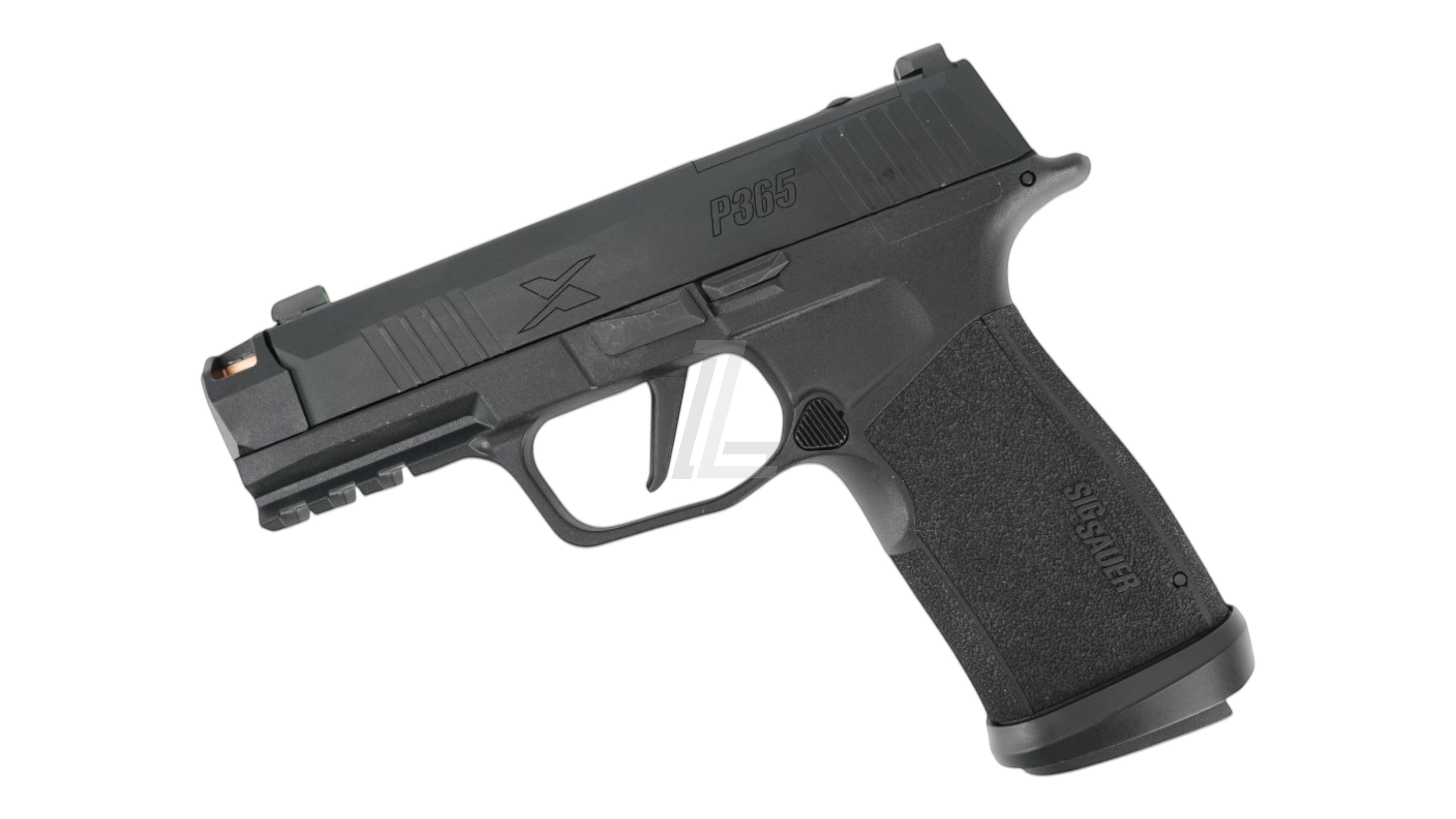 Landing Zone PARA BELLUM P365 X-COMP GBB airsoft pistol in black with textured grip and integrated compensator.
