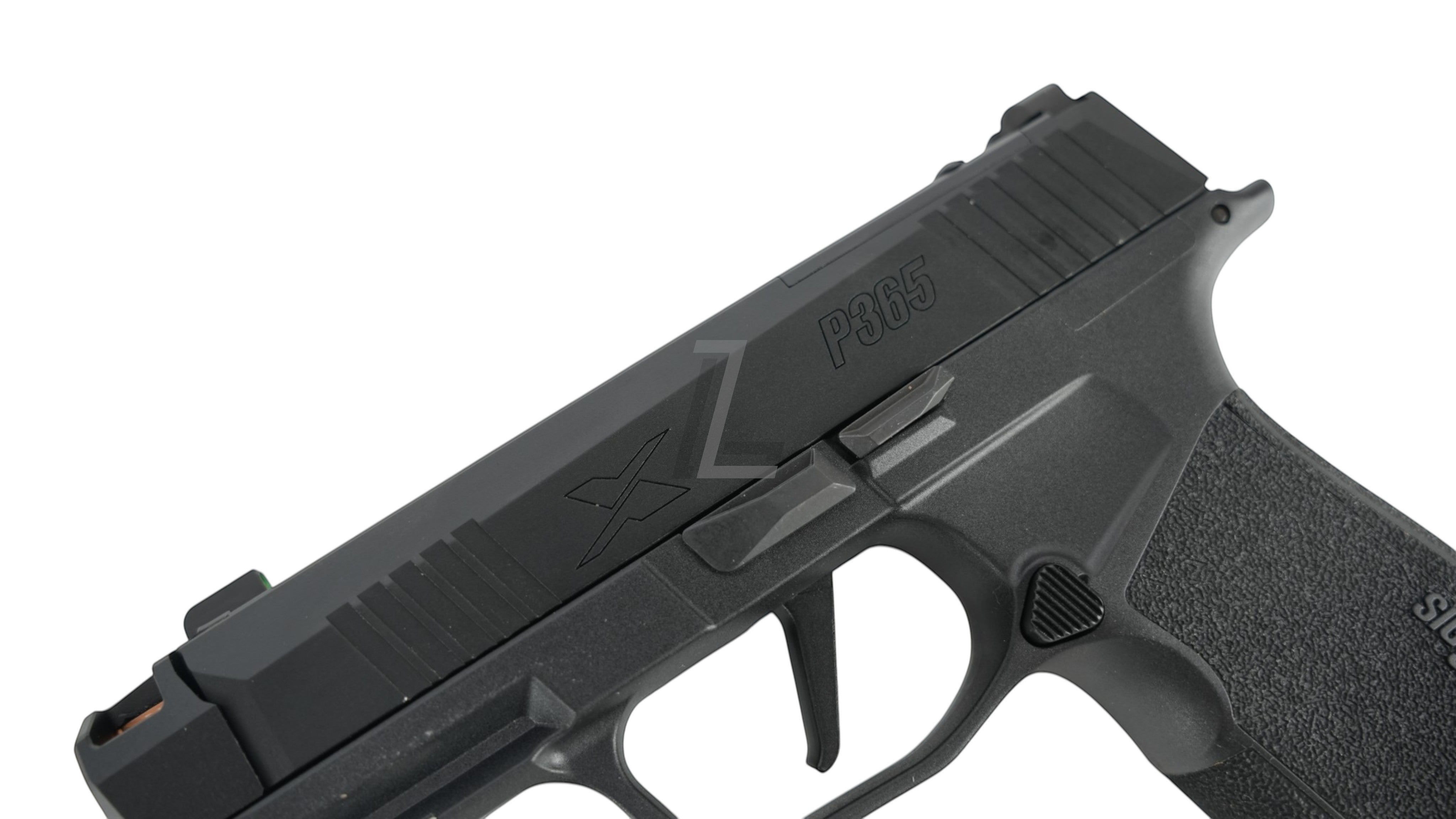 Landing Zone PARA BELLUM P365 X-COMP GBB airsoft pistol in matte black with textured grip and slide markings.