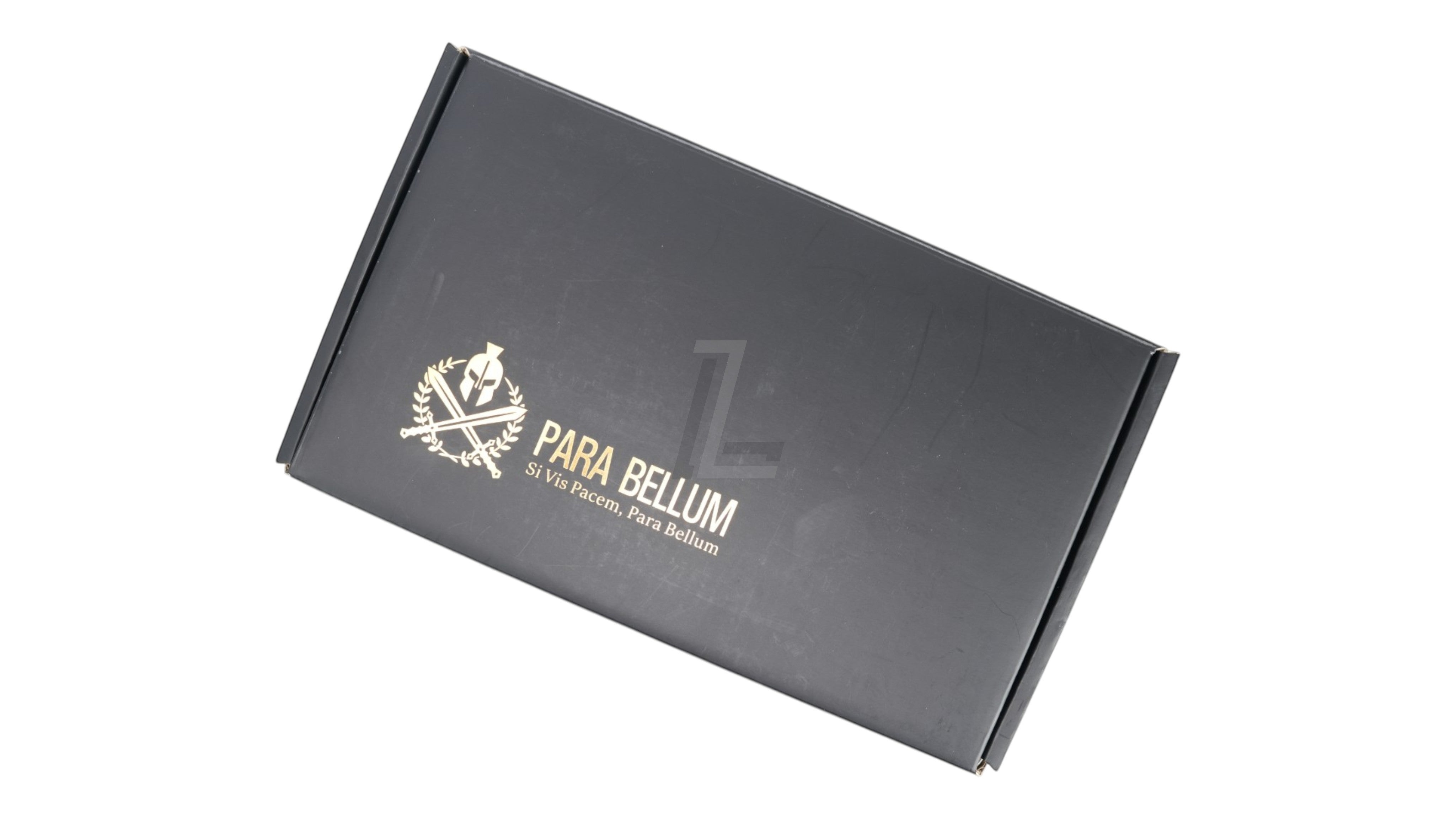 Landing Zone black cardboard packaging box for PARA BELLUM P365 X-MACRO COMP GBB airsoft pistol with gold logo