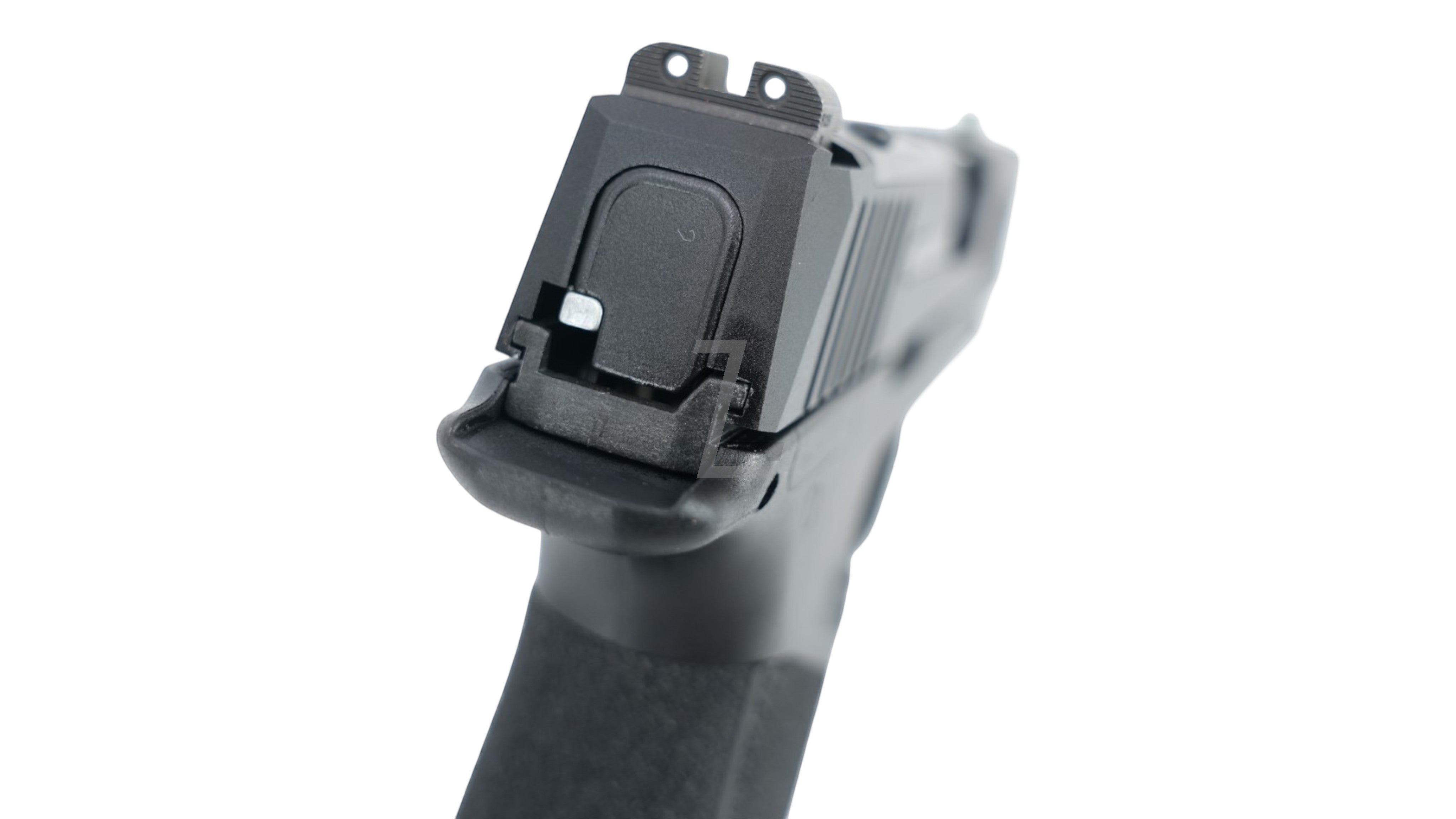 Rear view of black PARA BELLUM P365 X-MACRO COMP GBB airsoft pistol slide and sights from Landing Zone