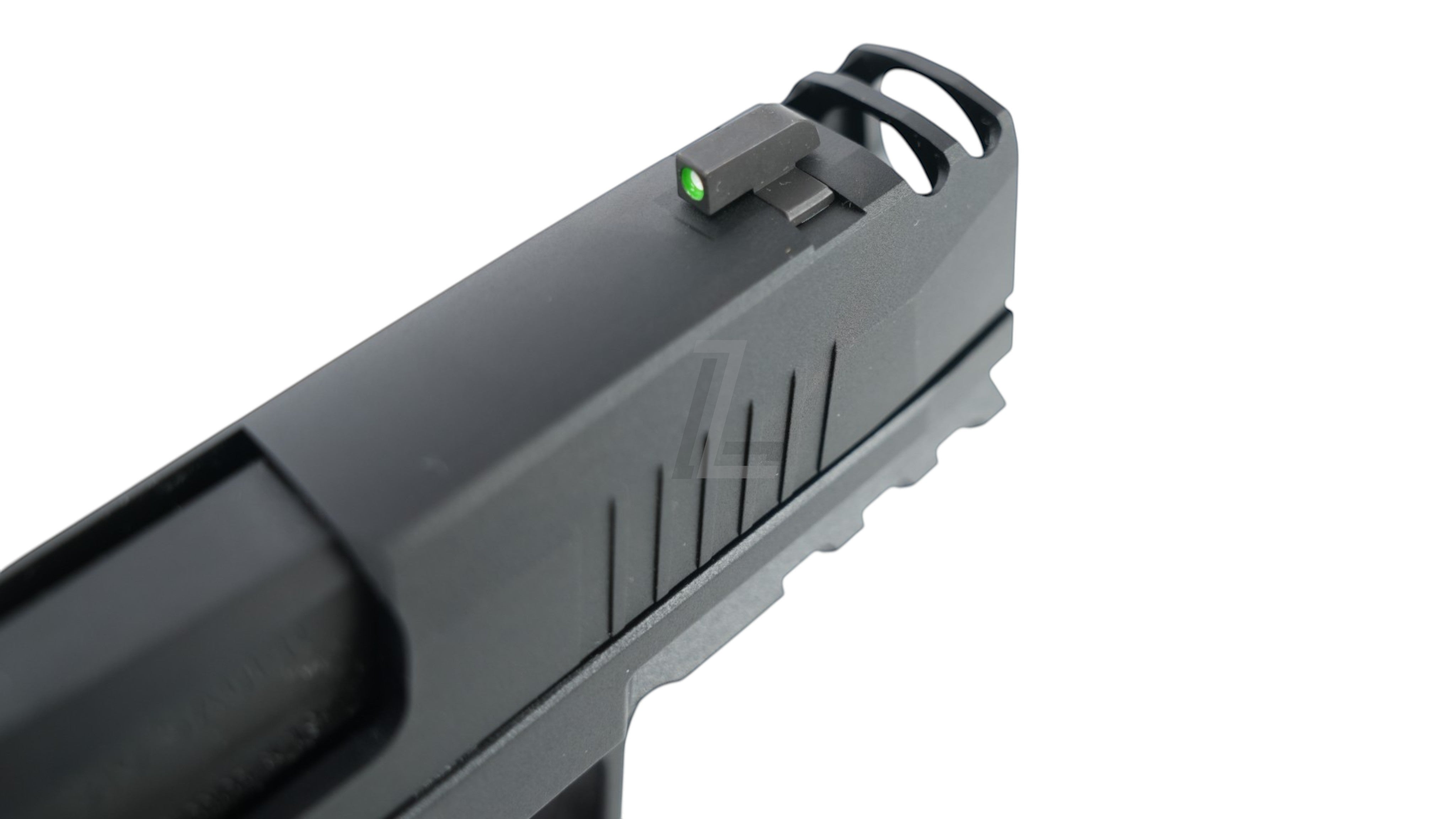 Landing Zone PARA BELLUM P365 X-MACRO COMP GBB airsoft pistol slide featuring a green fiber optic front sight.