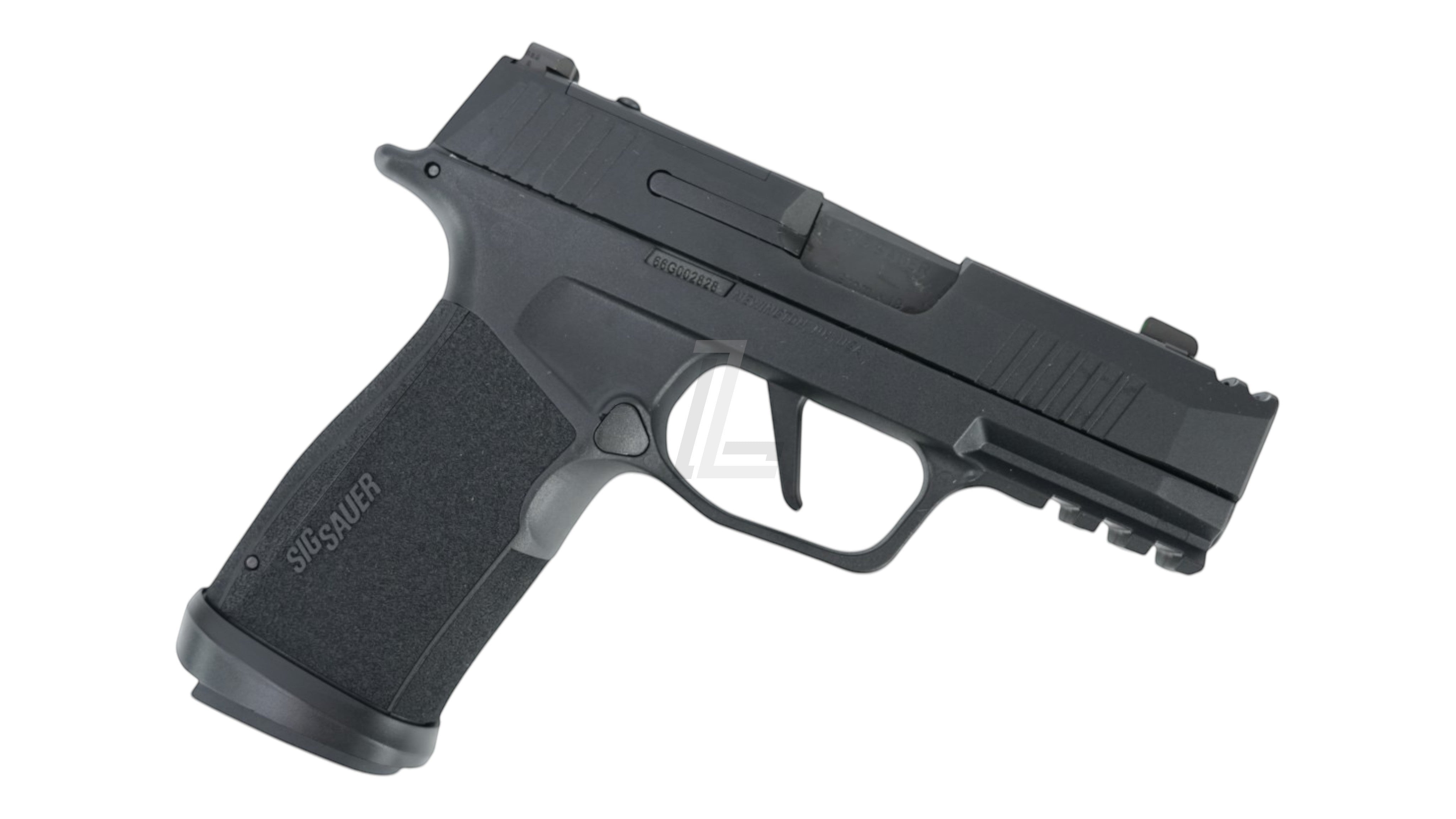 Landing Zone PARA BELLUM P365 X-MACRO COMP GBB airsoft pistol in black with textured grip and integrated rail.