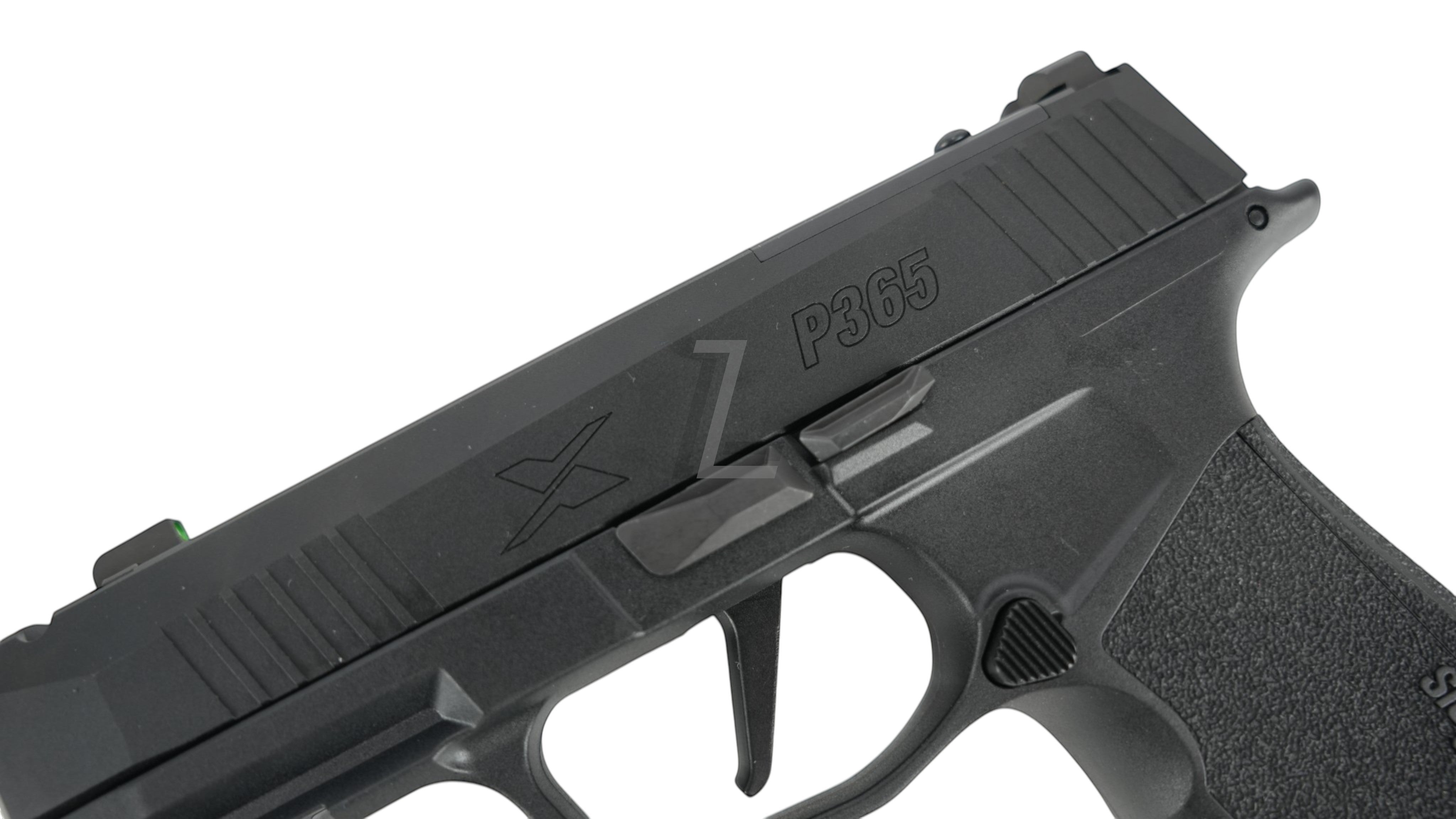 Landing Zone PARA BELLUM P365 X-MACRO COMP GBB airsoft pistol in black with textured grip and slide markings.