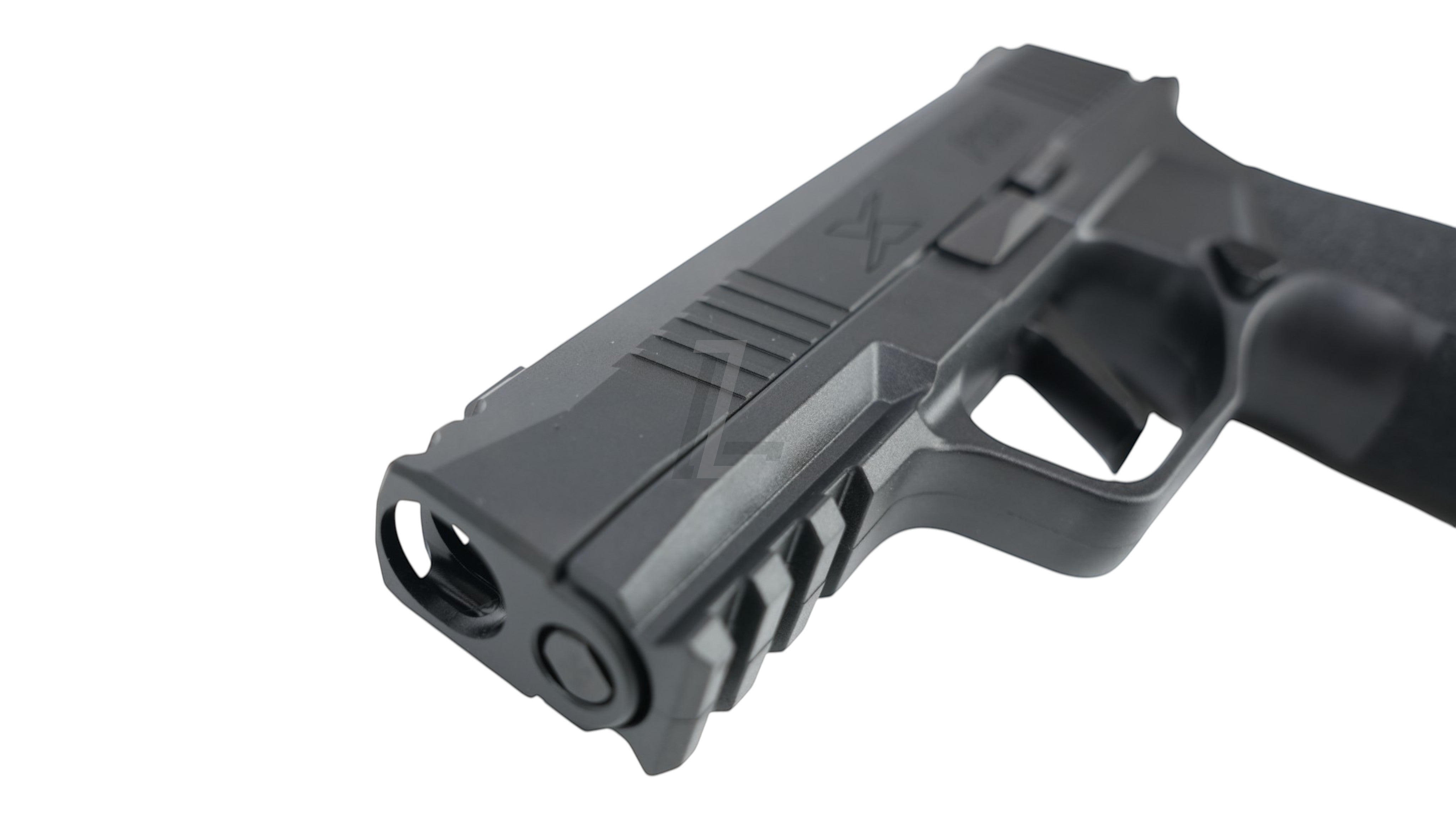 Landing Zone PARA BELLUM P365 X-MACRO COMP GBB airsoft pistol in matte black with integrated accessory rail.