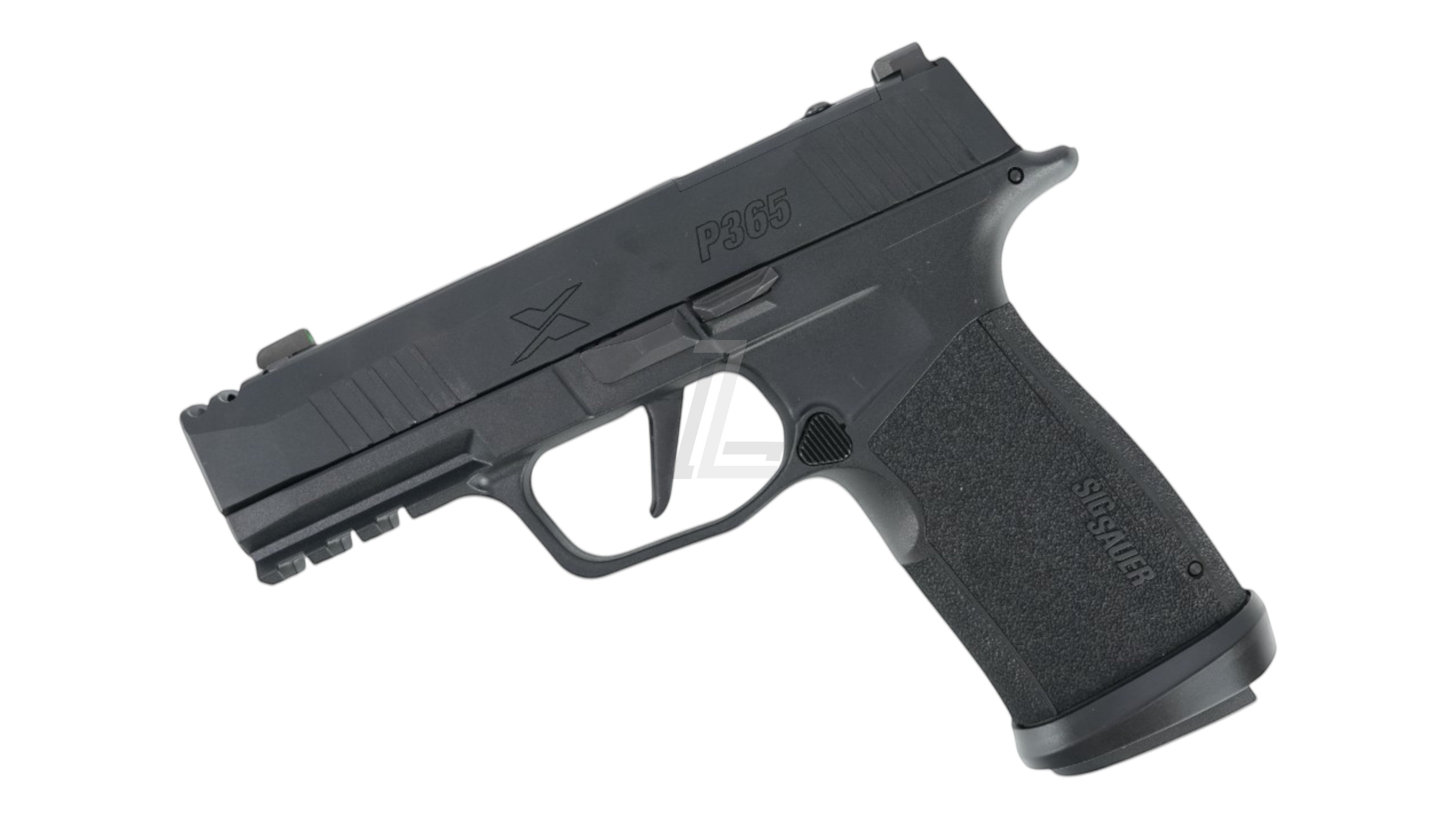 Landing Zone PARA BELLUM P365 X-MACRO Comp GBB airsoft pistol in matte black with textured grip and integrated rail.