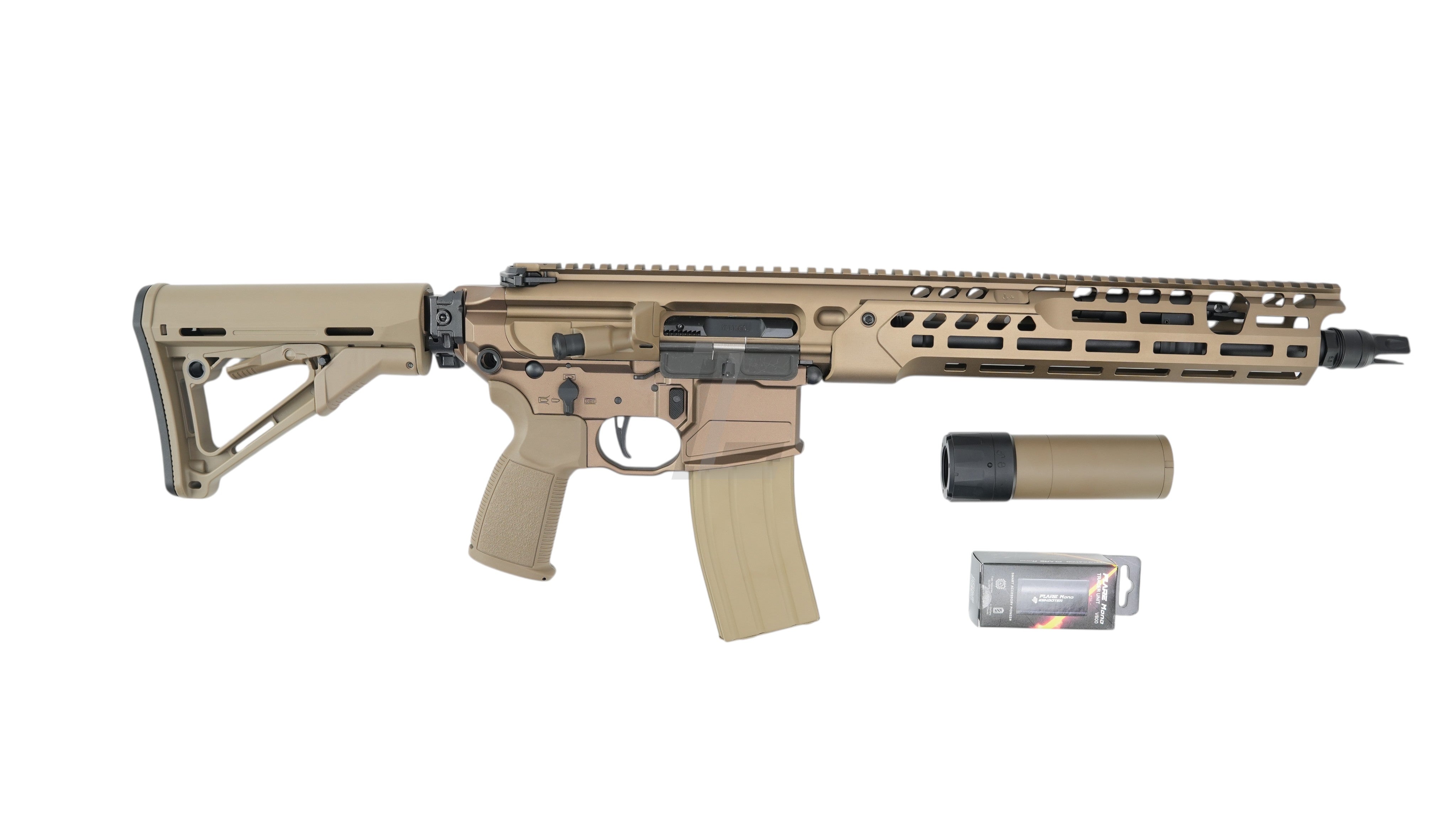 Landing Zone SALVO PRECISION MCX Hunter UKSF GBB rifle in Dark Earth with 13.1-inch M-LOK rail and mock suppressor.
