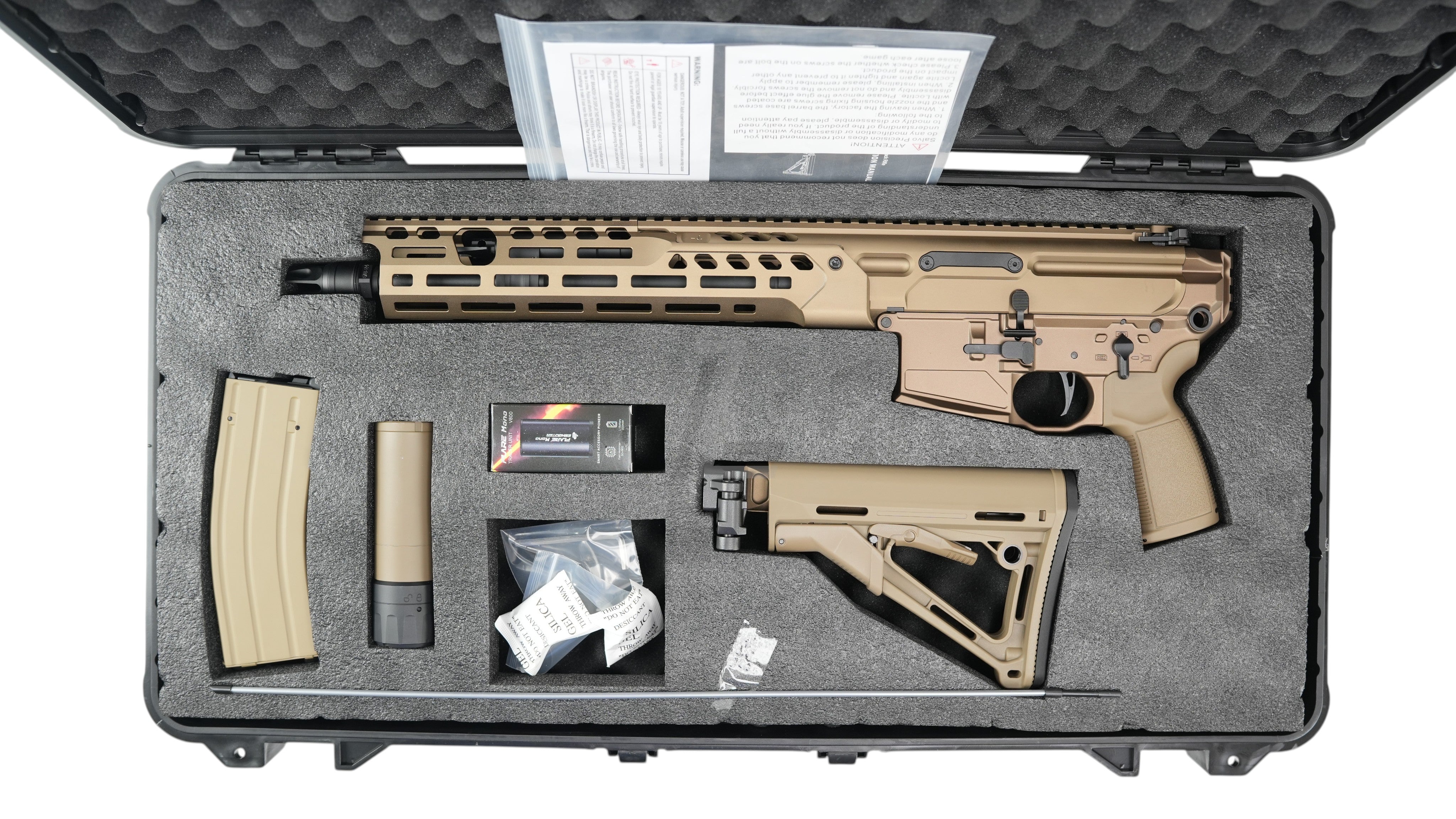 Landing Zone SALVO PRECISION MCX Hunter UKSF GBB airsoft rifle in Dark Earth with accessories in a foam-lined case.