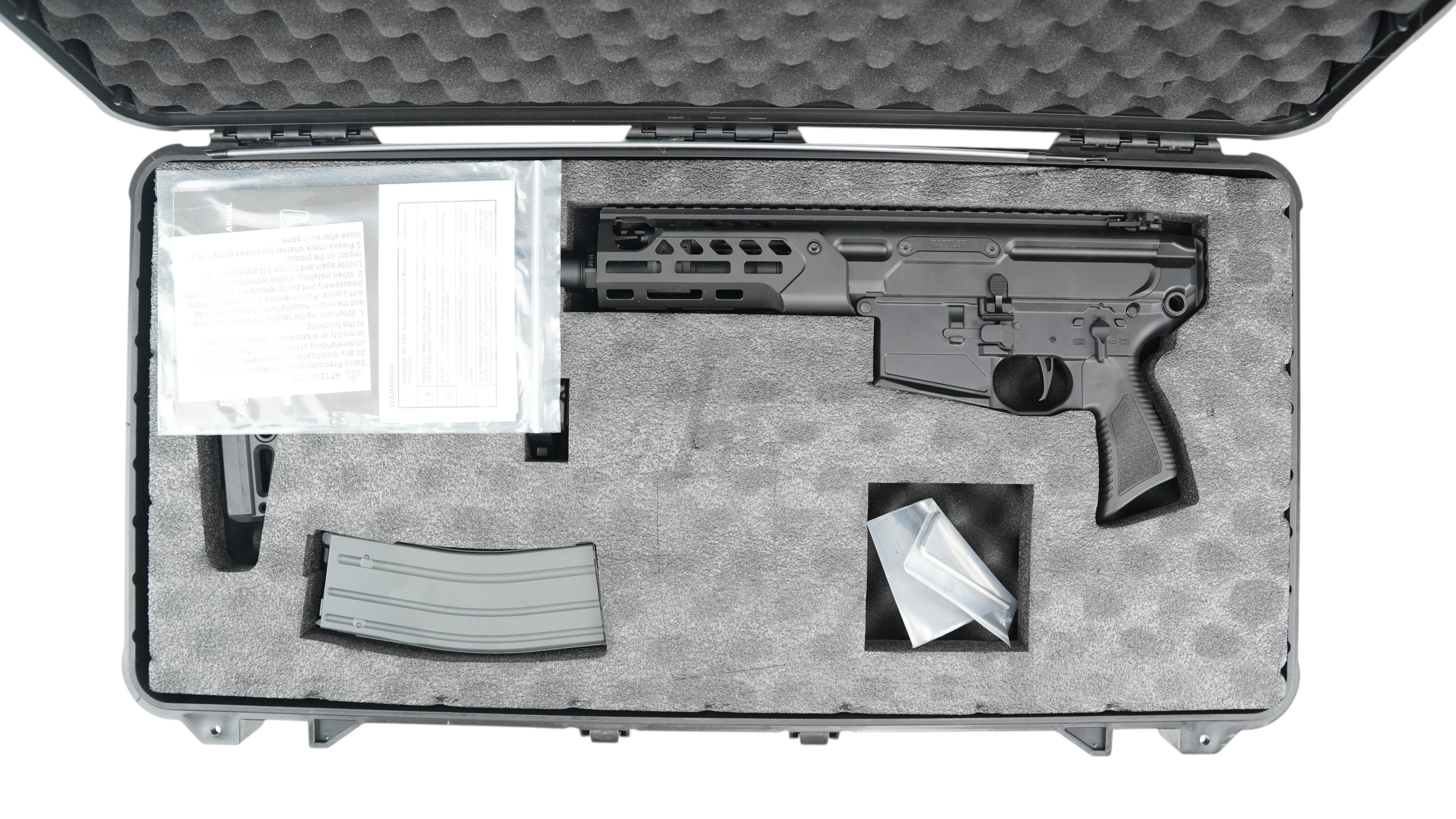 Landing Zone Salvo Precision MCX Rattler LT 6.75 MWS V3 black airsoft rifle in a foam-lined hard carrying case