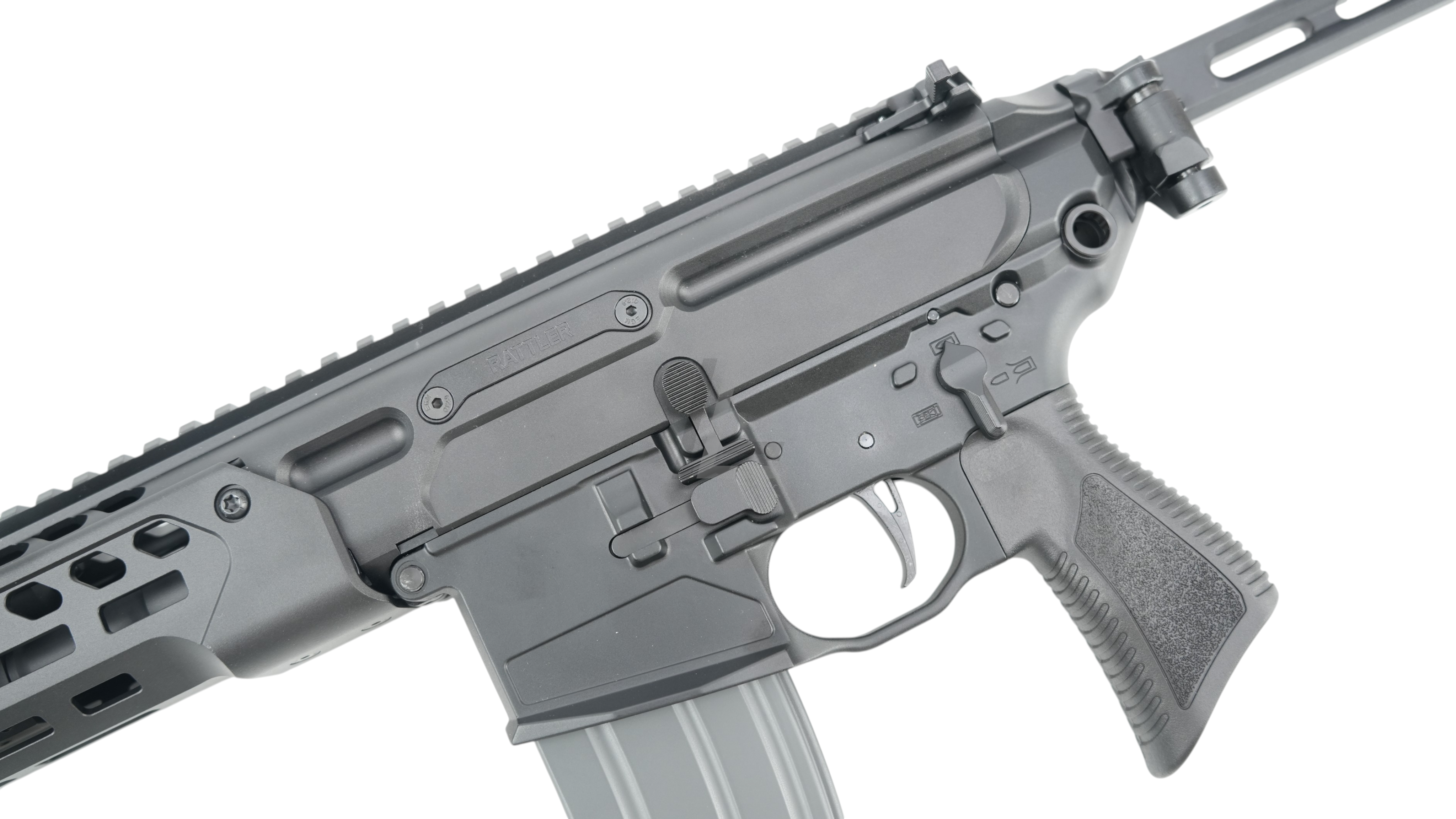 Landing Zone Salvo Precision MCX Rattler LT 6.75 MWS V3 black airsoft rifle with no markings and M-LOK rail system.
