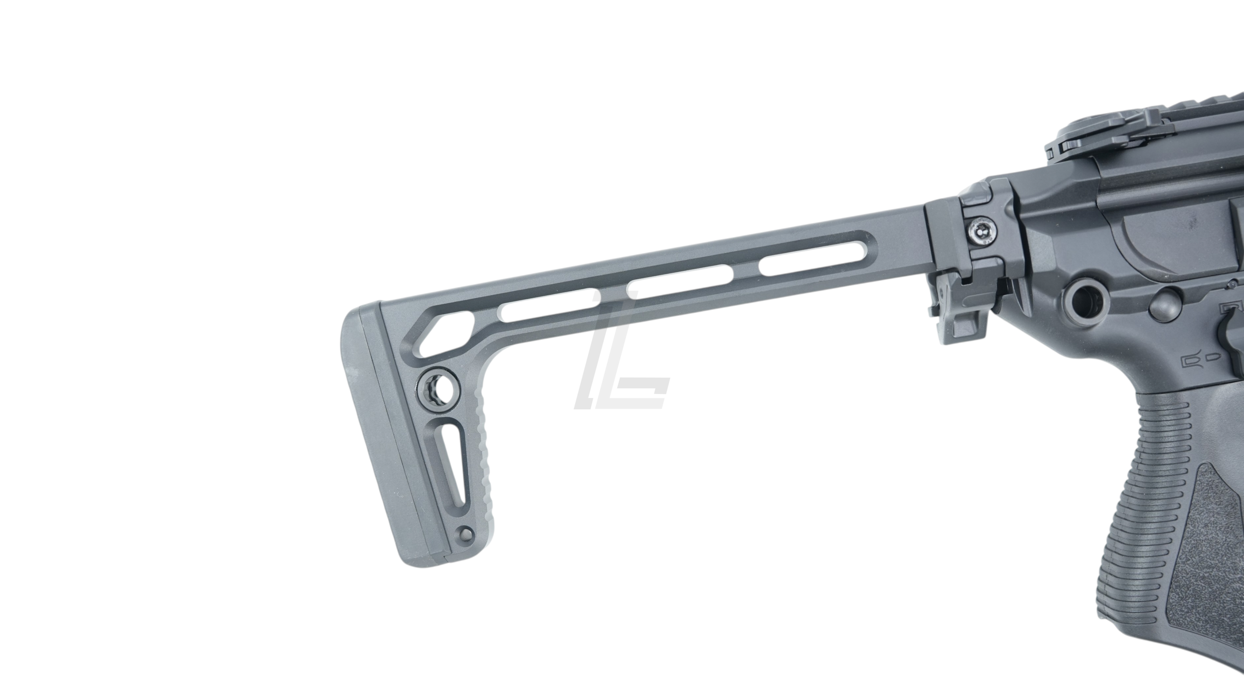 Landing Zone Salvo Precision MCX Rattler LT GBB airsoft rifle featuring a black folding stock and minimalist design.