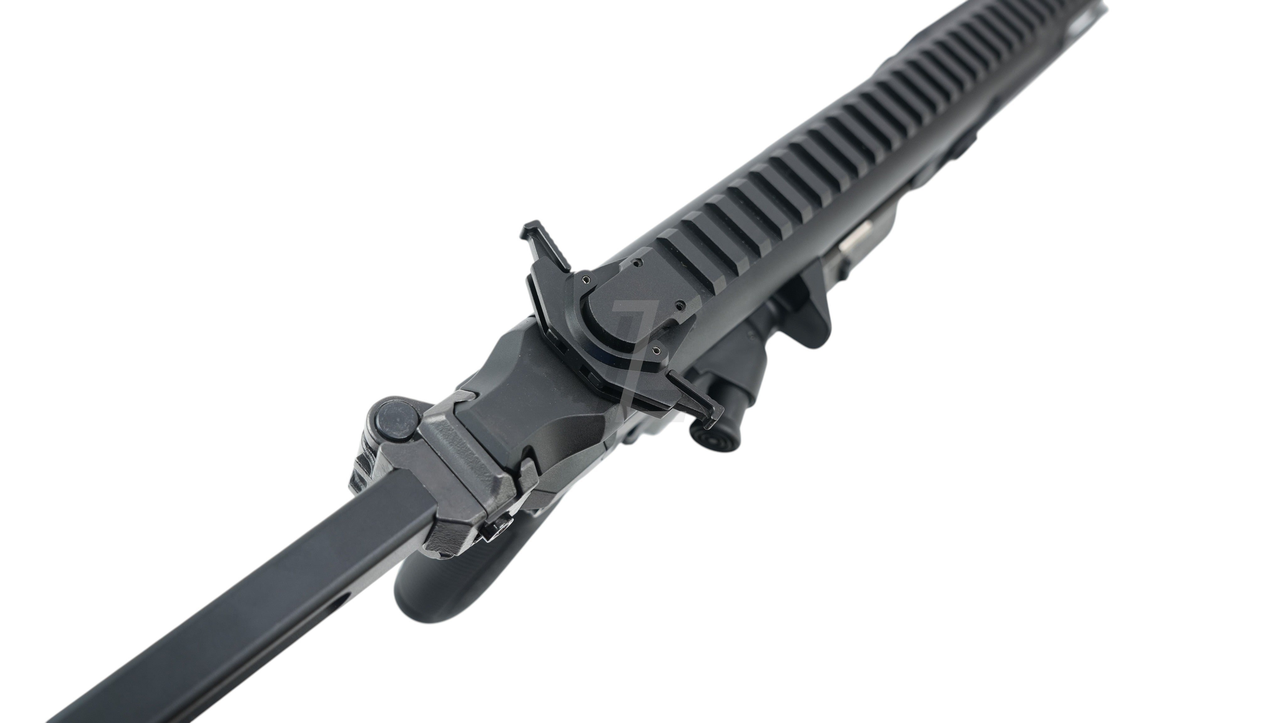 Landing Zone SALVO PRECISION MCX Rattler LT GBB airsoft rifle top view featuring a sleek black no-marking finish