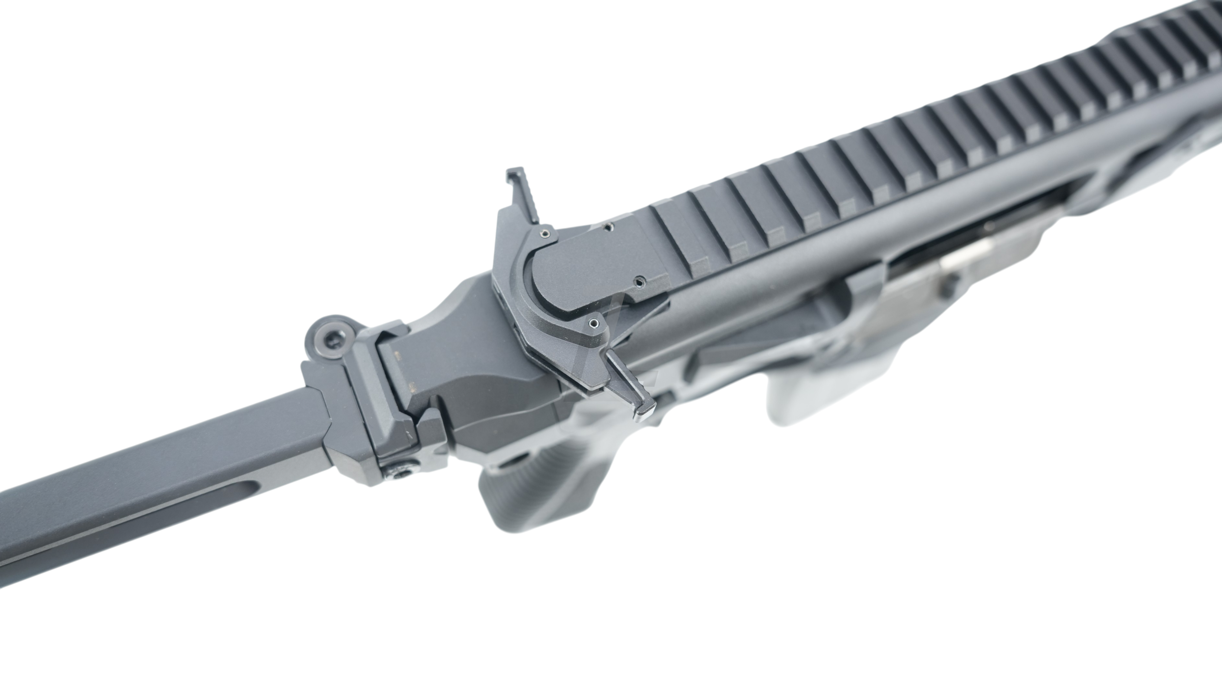 Landing Zone Salvo Precision MCX Rattler LT 6.75 MWS V3 airsoft rifle in black with no markings and top rail view.