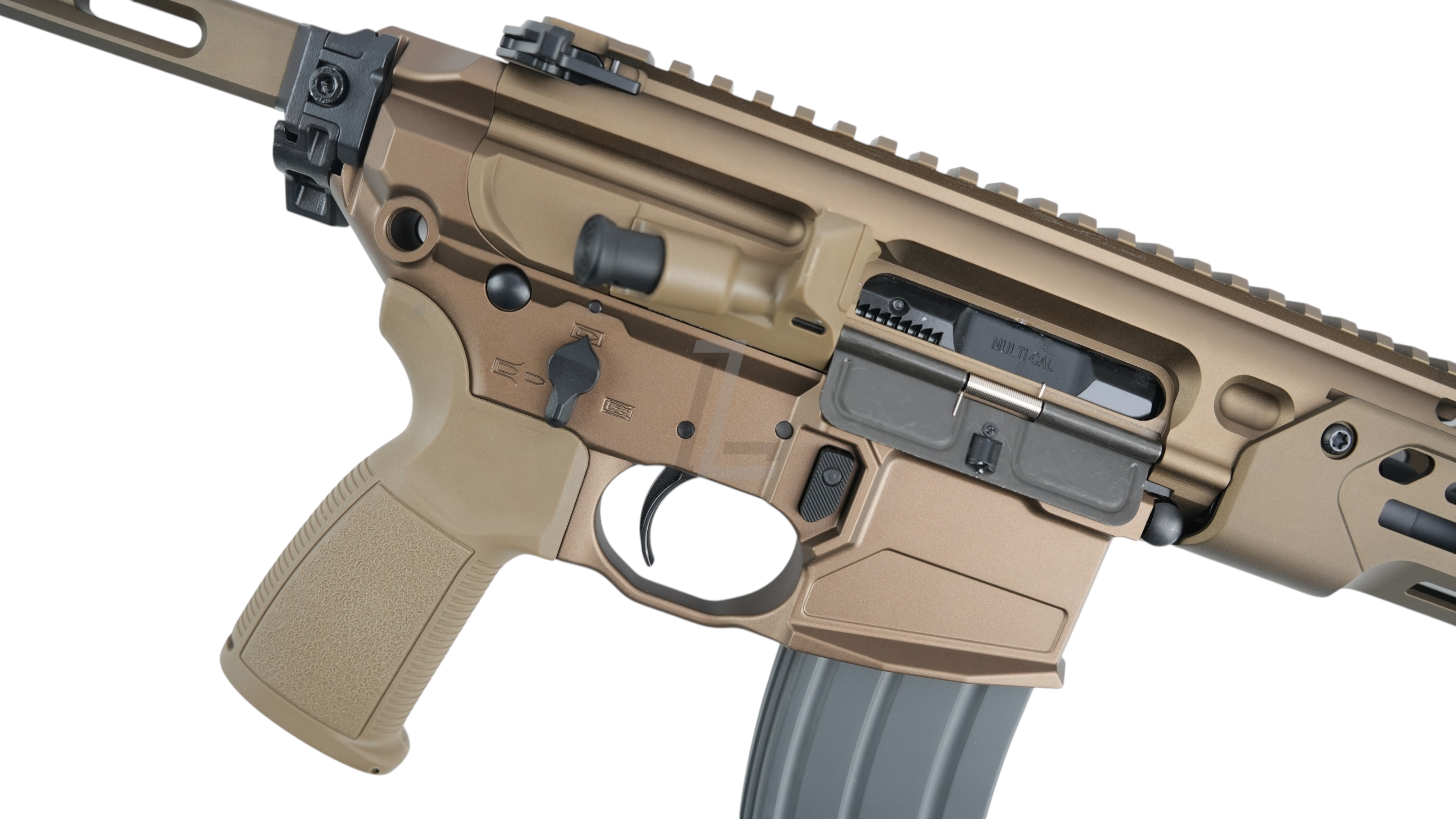 Landing Zone SALVO PRECISION MCX SPEAR V3 GBB airsoft rifle in dark earth finish with detailed receiver view