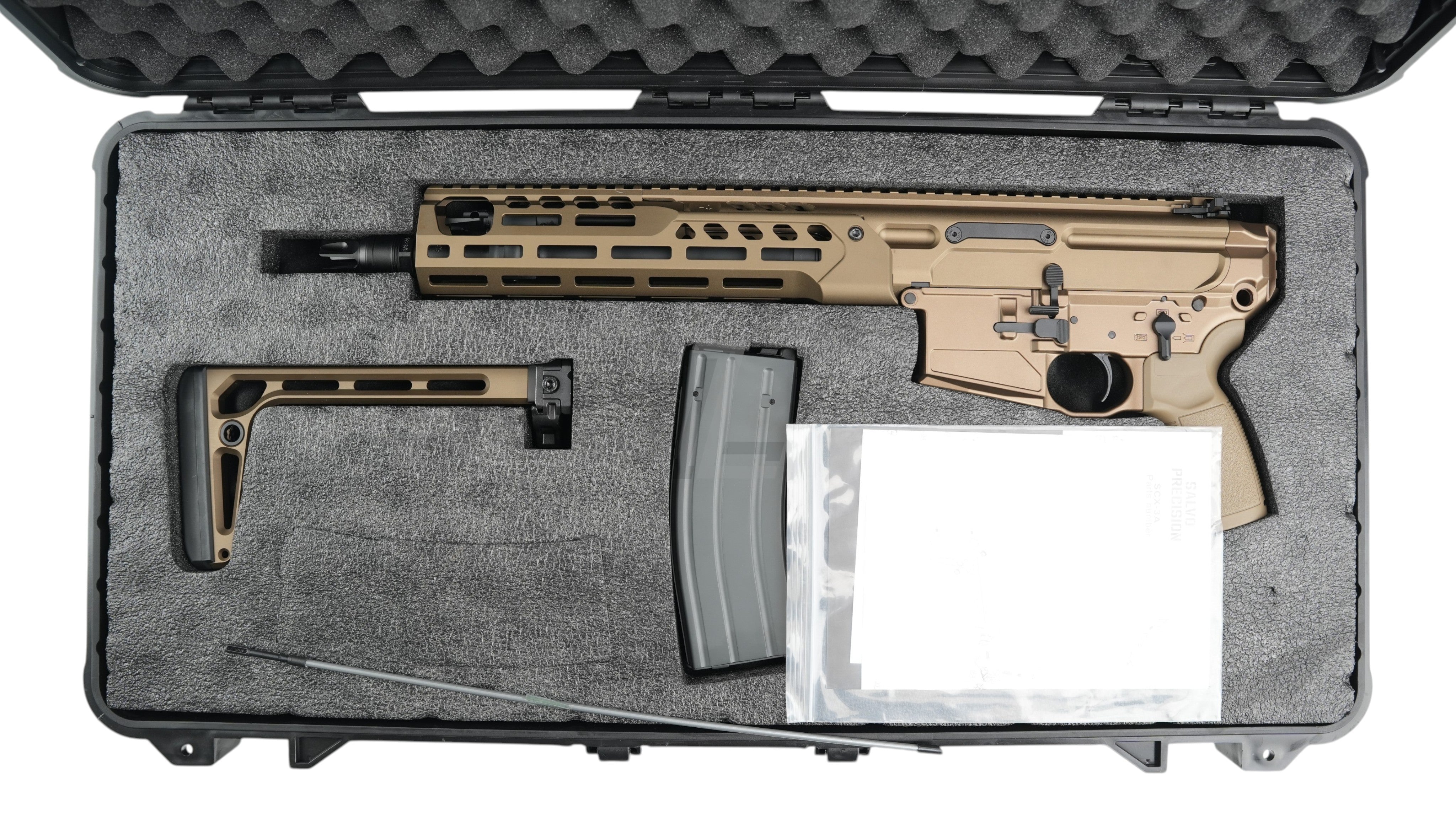 Landing Zone SALVO PRECISION MCX SPEAR V3 GBB airsoft rifle in dark earth with 11.5-inch barrel in a foam-lined case.