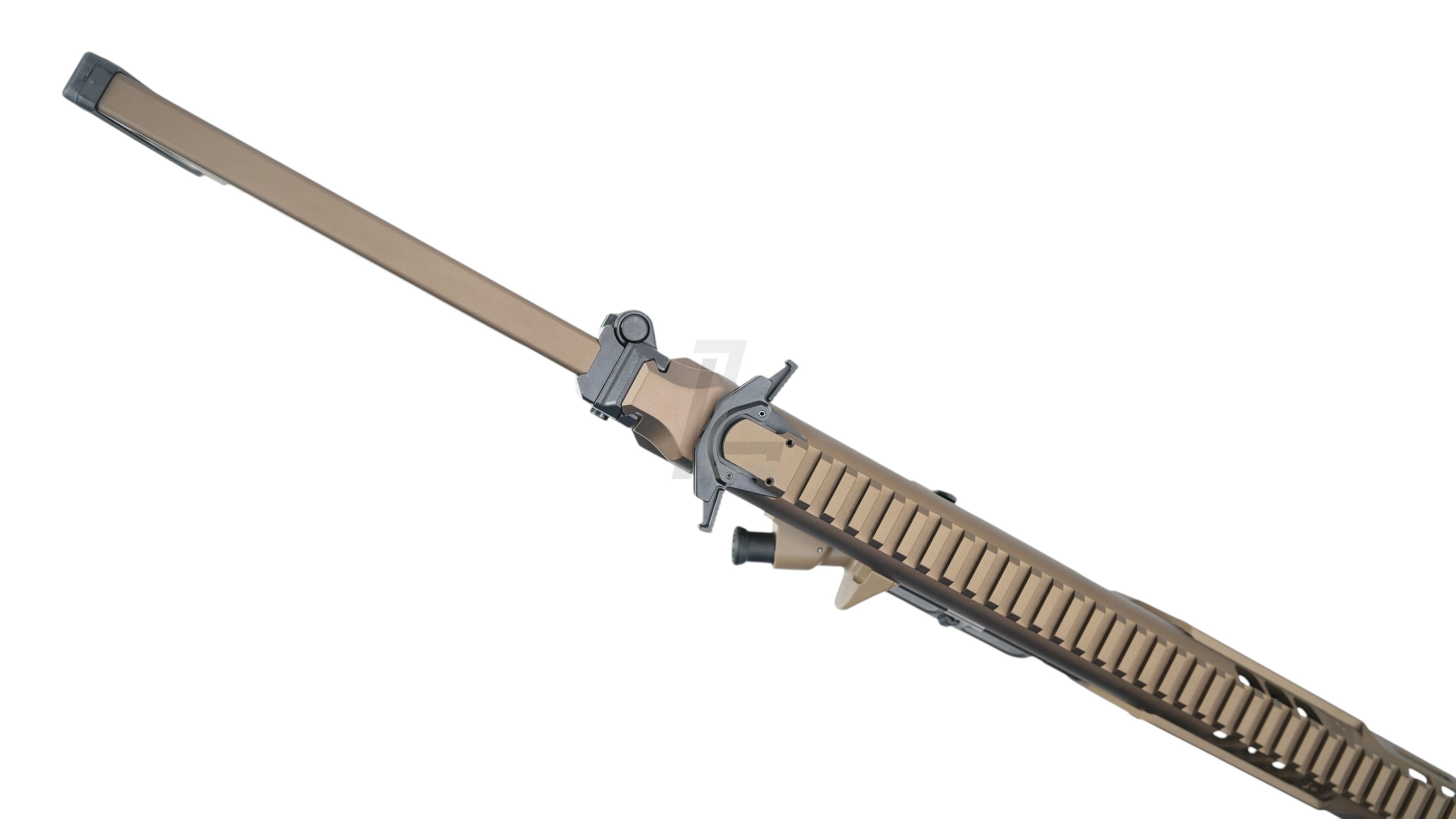 Landing Zone SALVO PRECISION MCX SPEAR LT 11.5 inch GBB airsoft rifle in Dark Earth finish with top rail view