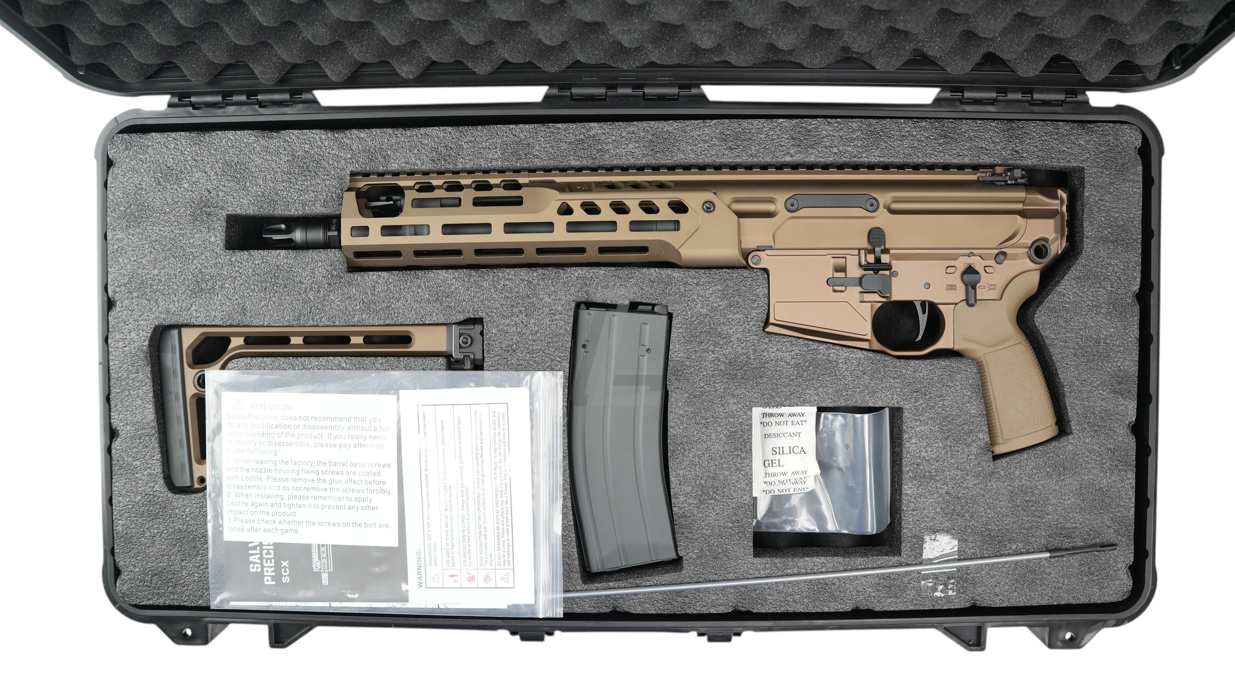 Landing Zone SALVO PRECISION MCX SPEAR LT 11.5 inch GBB airsoft rifle in Dark Earth inside a foam-lined hard case