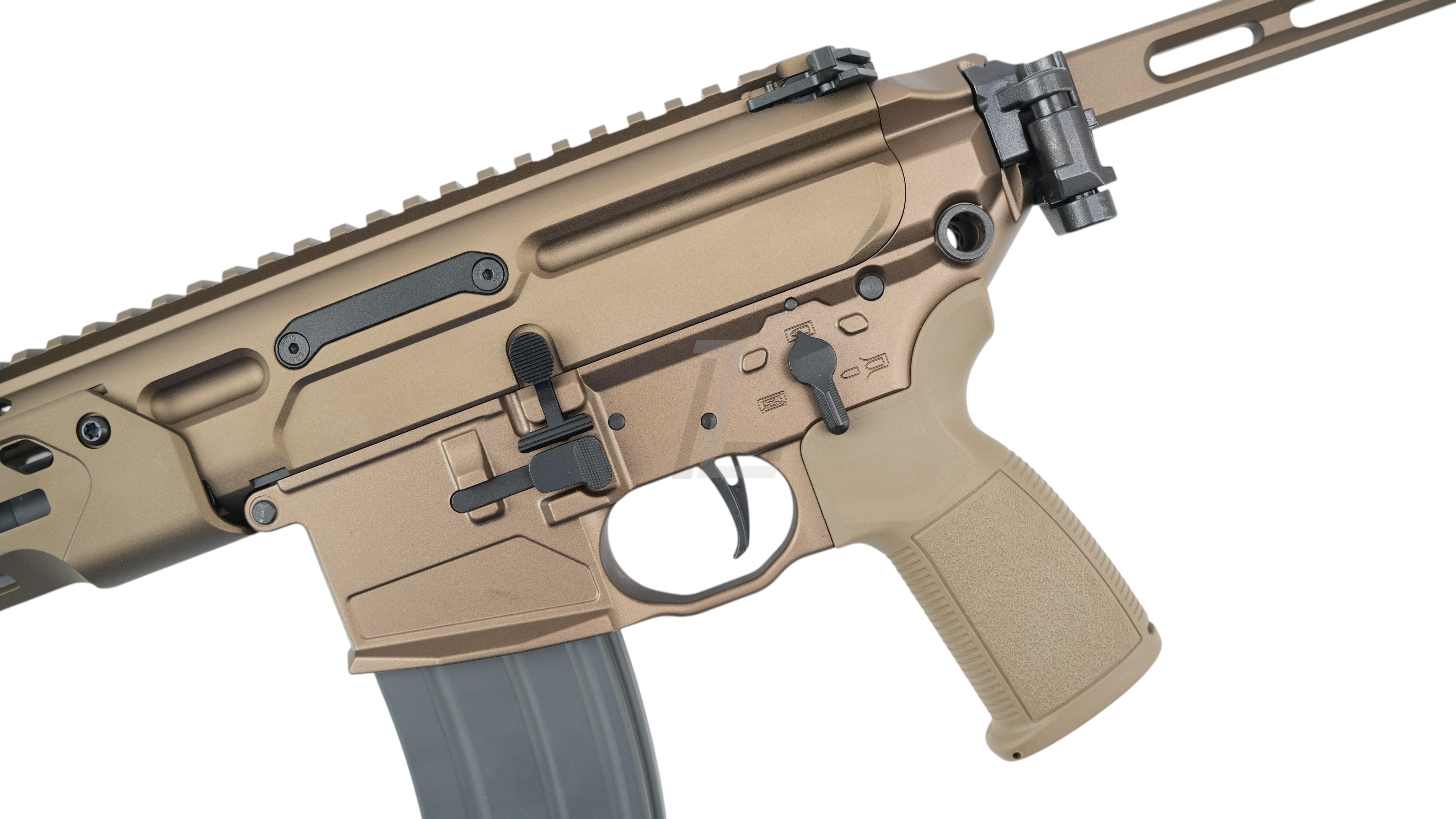 Landing Zone SALVO PRECISION MCX Spear LT V3 GBB rifle in dark earth finish with no markings on the receiver