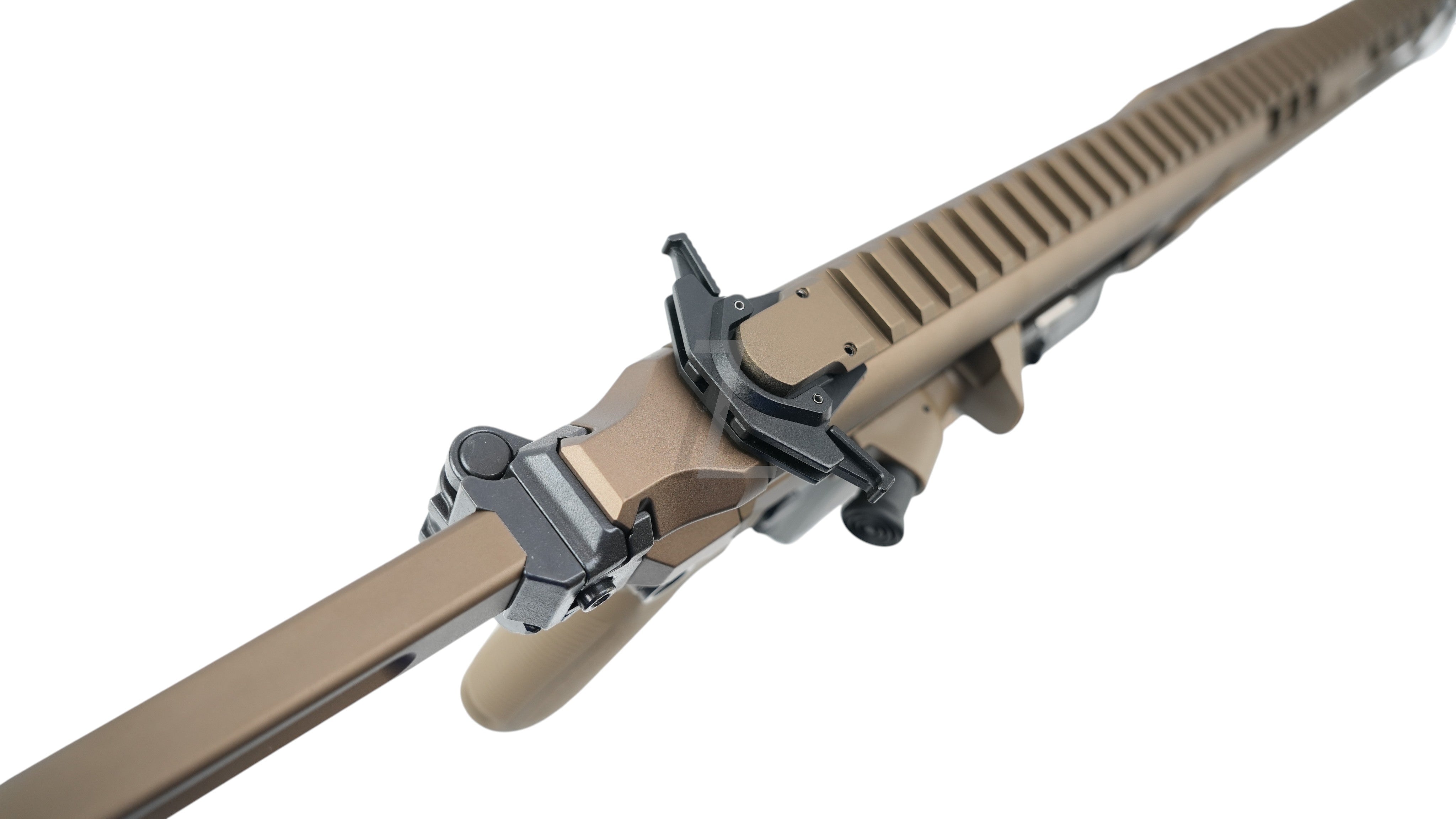 Landing Zone SALVO PRECISION MCX Spear LT GBB airsoft rifle in dark earth finish with top rail view