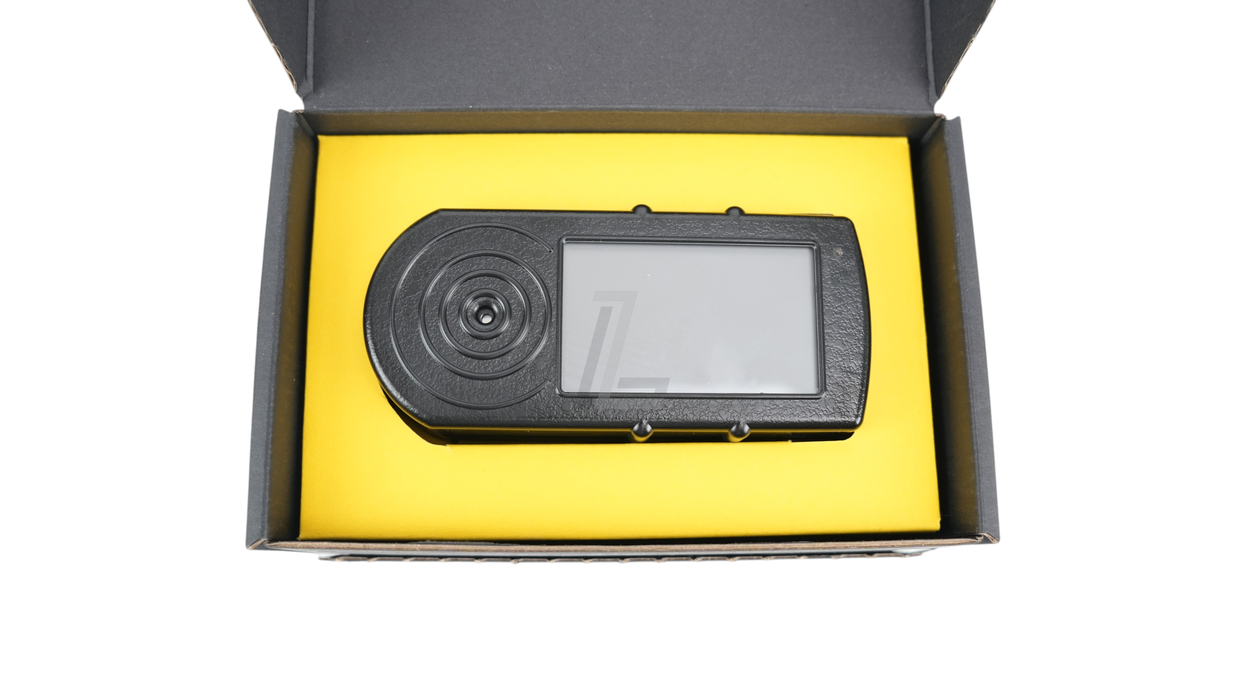 Landing Zone SHOOT GLOBAL SG TIMER 2 shot timer device in black, resting inside a yellow and black presentation box.