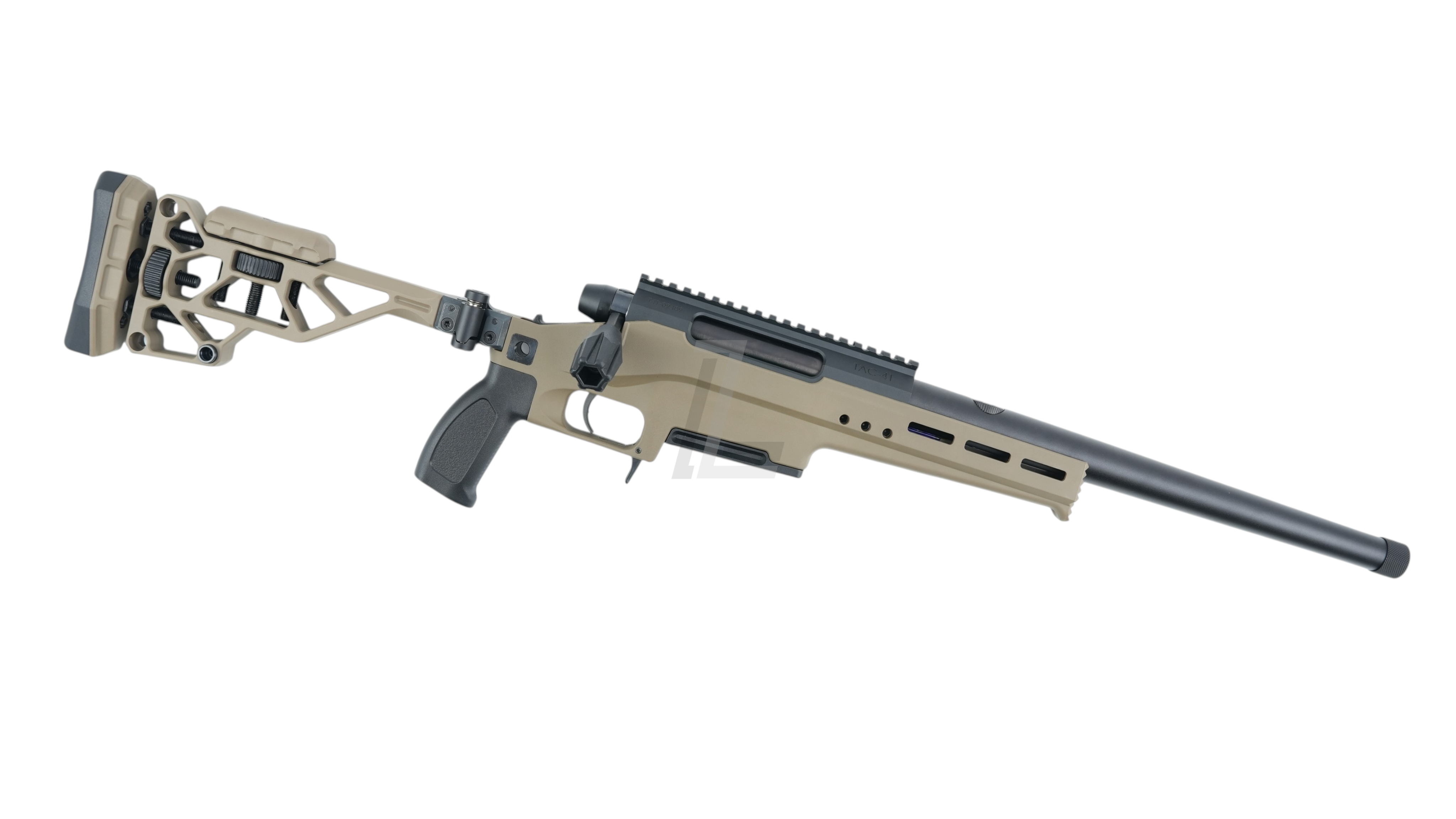Landing Zone SILVERBACK TAC 41 L bolt action airsoft rifle in FDE with a lightweight chassis and Recon stock.