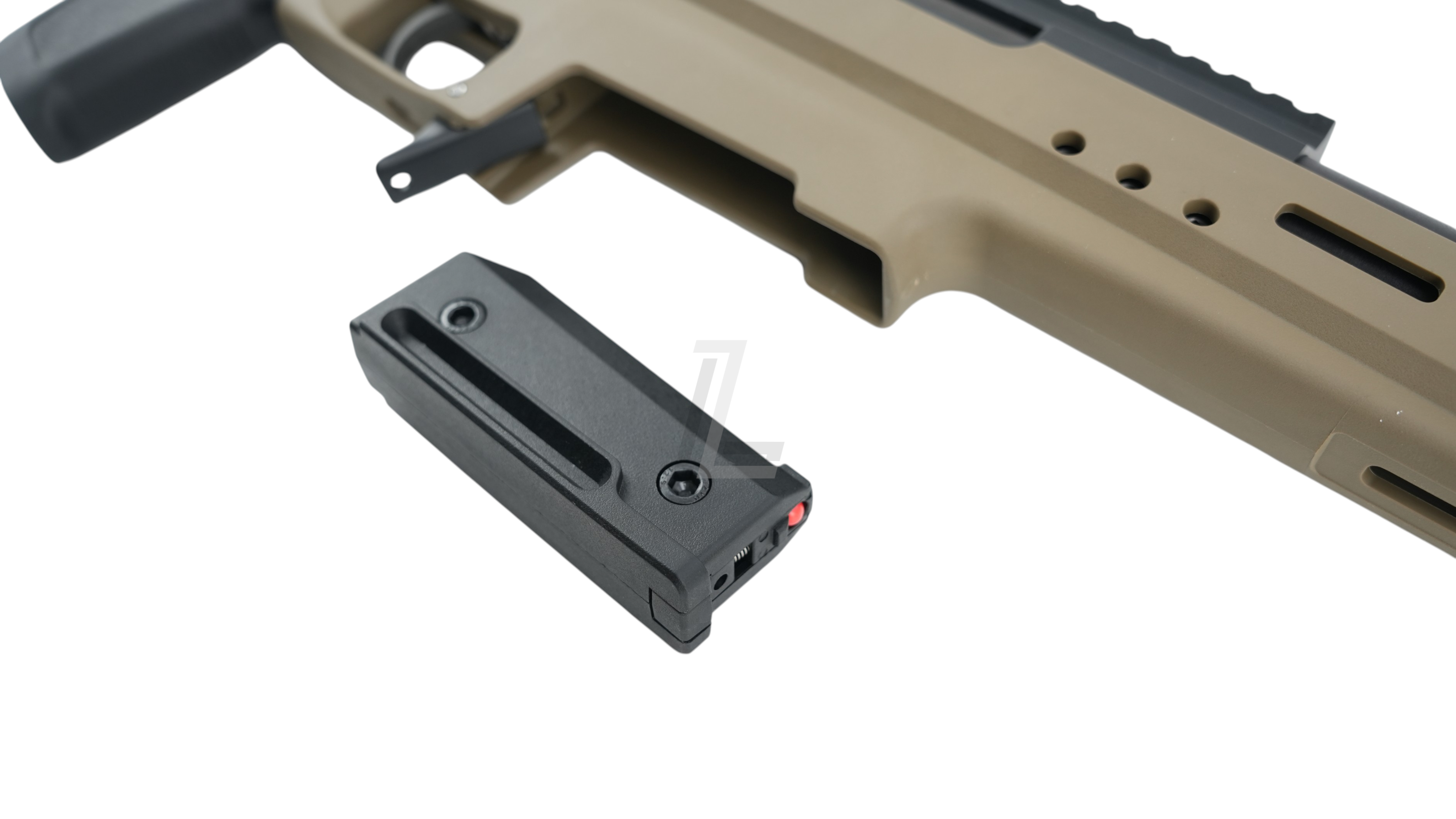 Landing Zone SILVERBACK TAC 41 L bolt action airsoft rifle in FDE with a black magazine on a white background