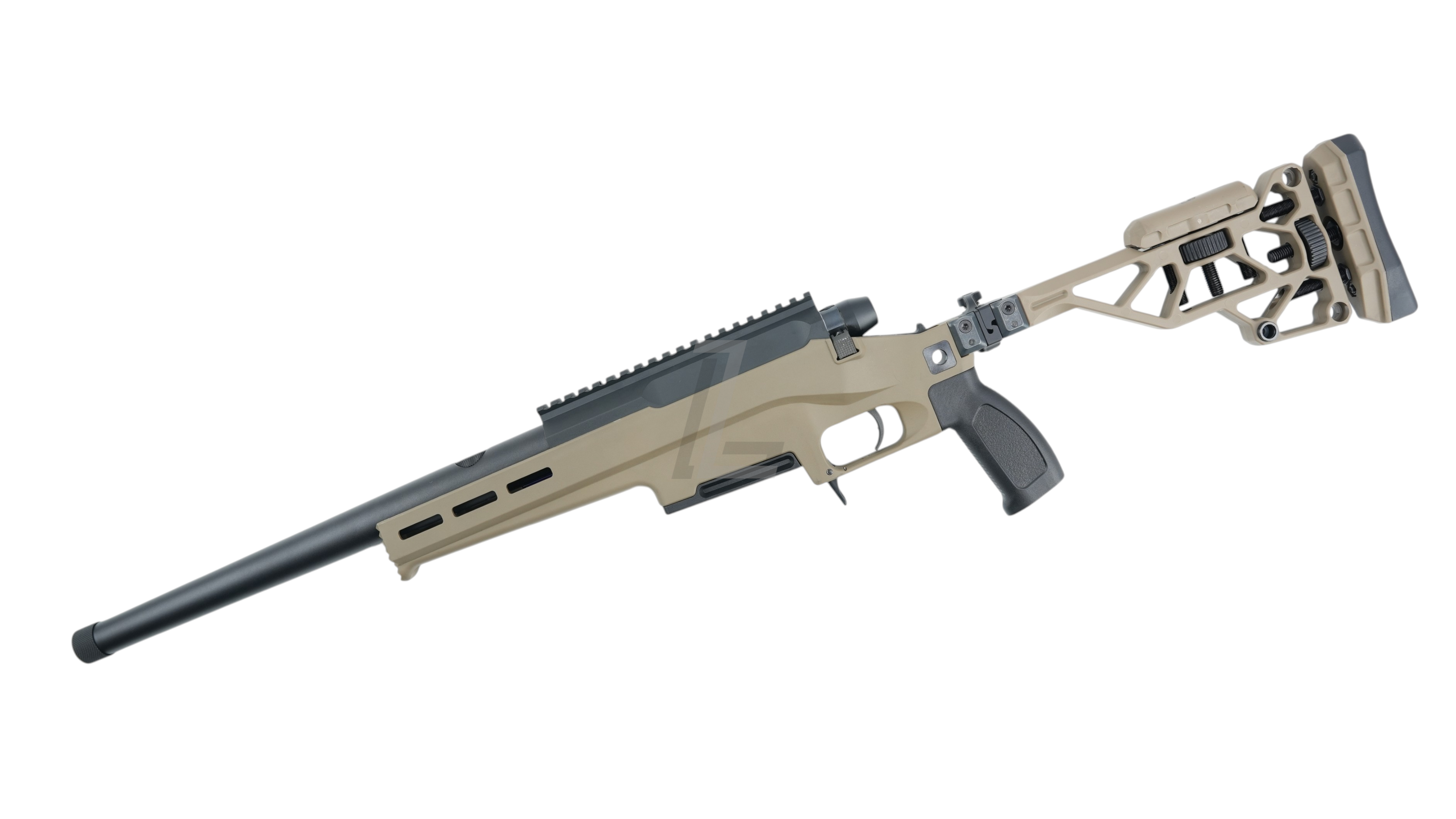 Landing Zone SILVERBACK TAC 41 L bolt action airsoft sniper rifle in FDE with lite chassis and skeletonized stock