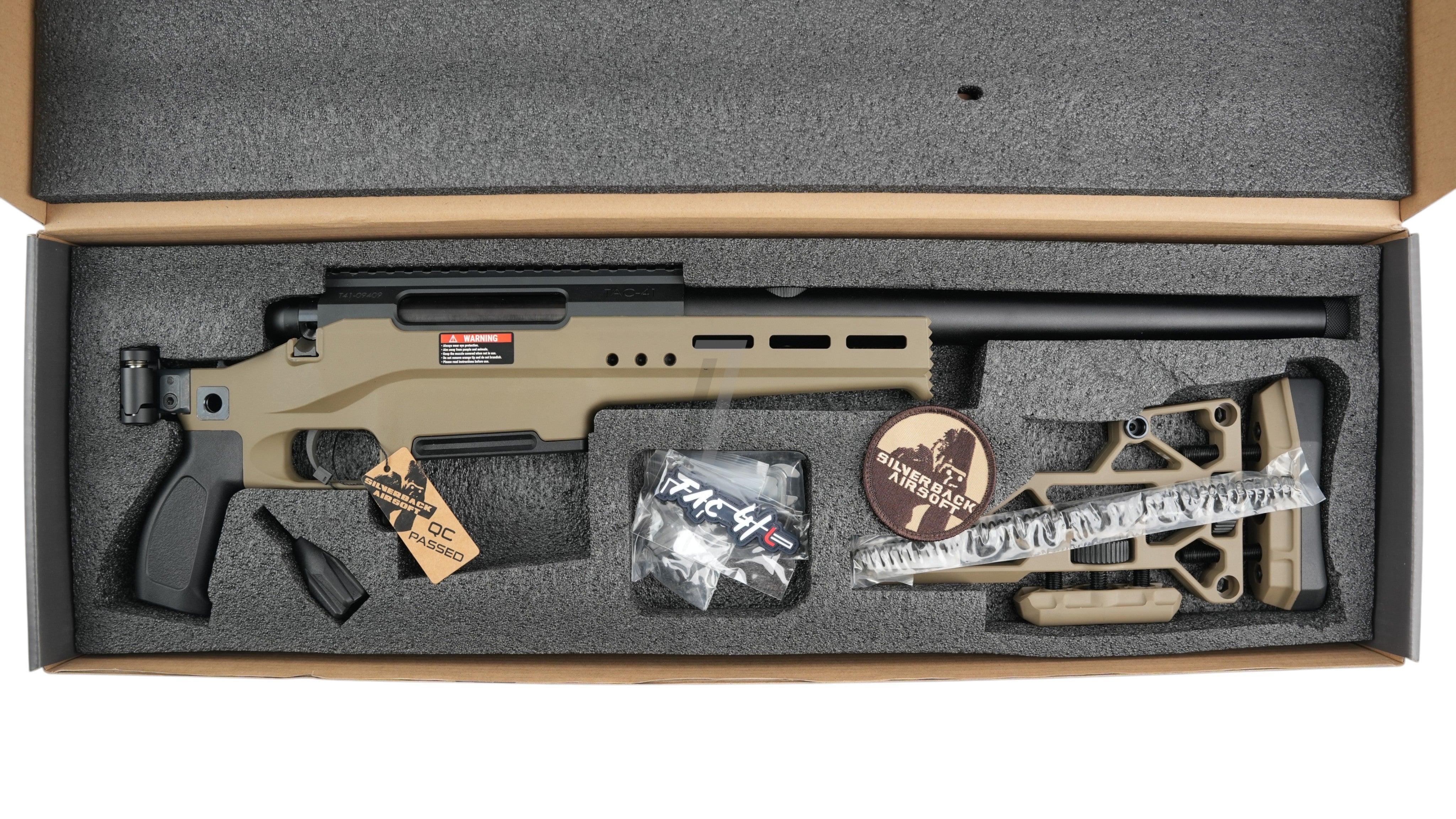 Landing Zone SILVERBACK TAC 41 L bolt action airsoft sniper rifle in FDE with lite chassis and recon stock in box