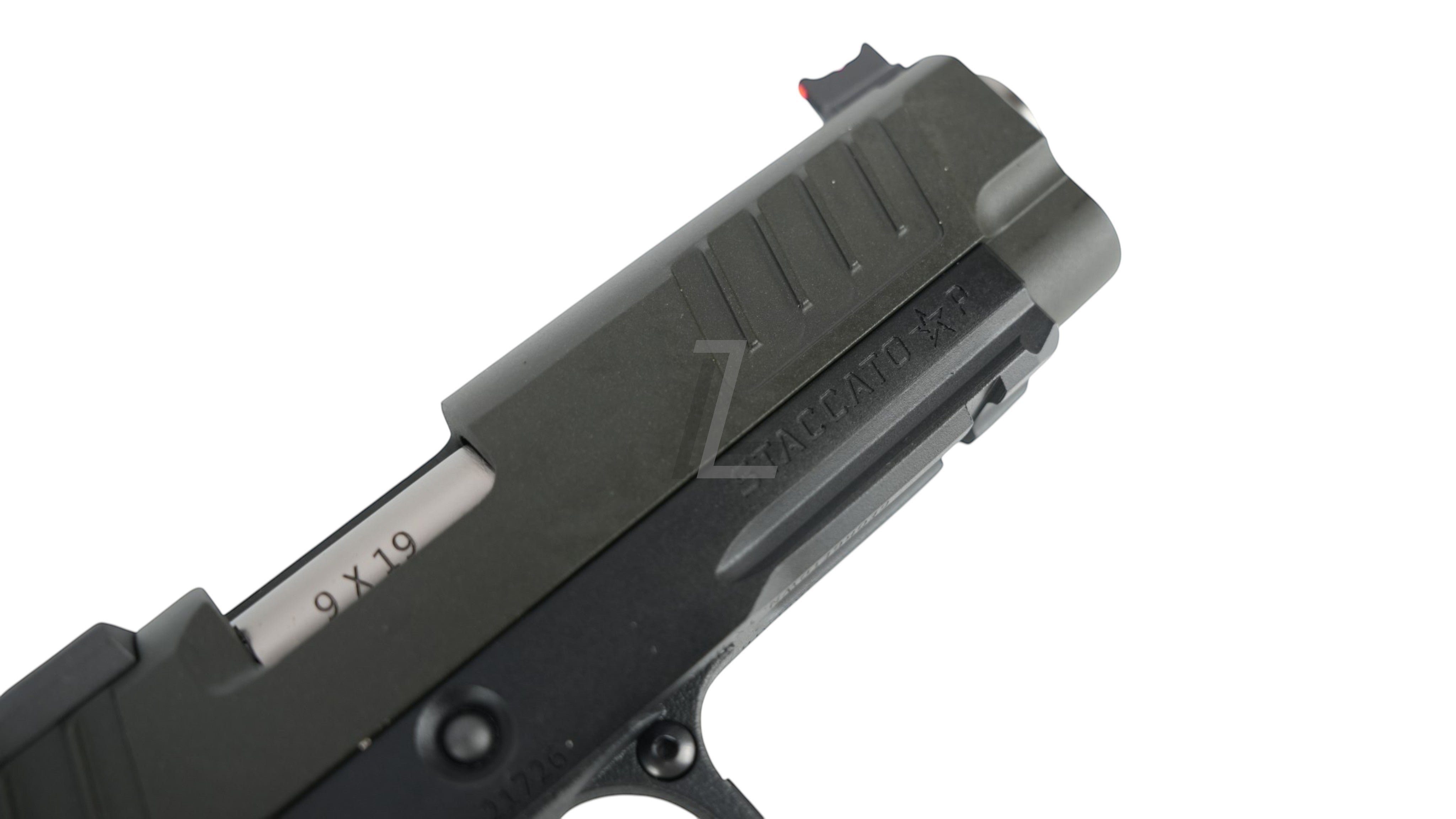 Landing Zone T8 X ARMY PLUS R611-3 STACCATO P GBB airsoft pistol with steel parts, 9x19 caliber marking, and red front sight.