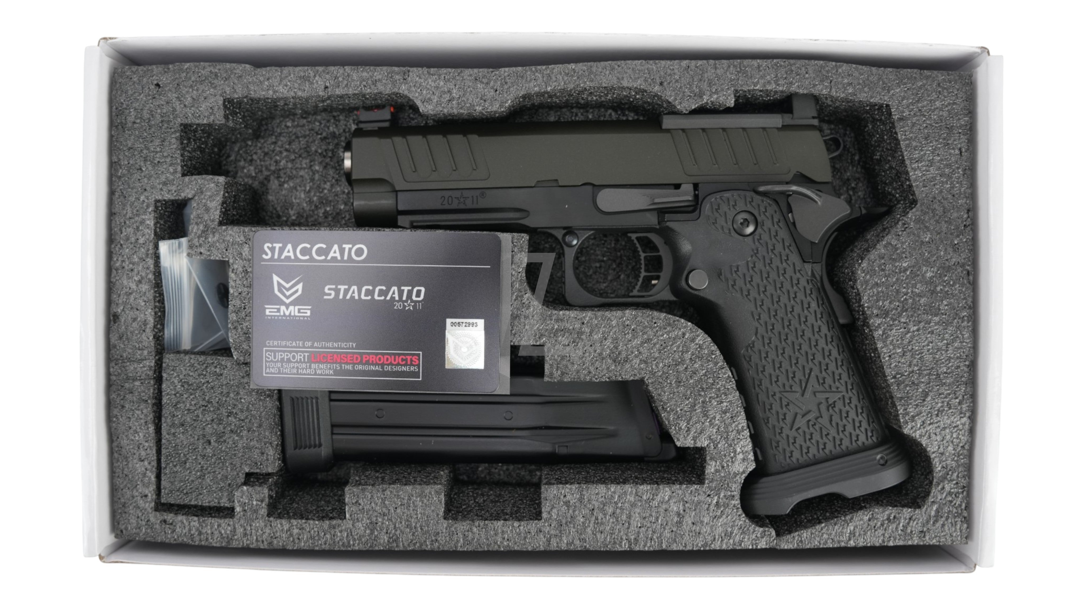 Landing Zone T8 X ARMY PLUS R611-3 Staccato P GBB airsoft pistol with steel parts, black grip, and magazine.