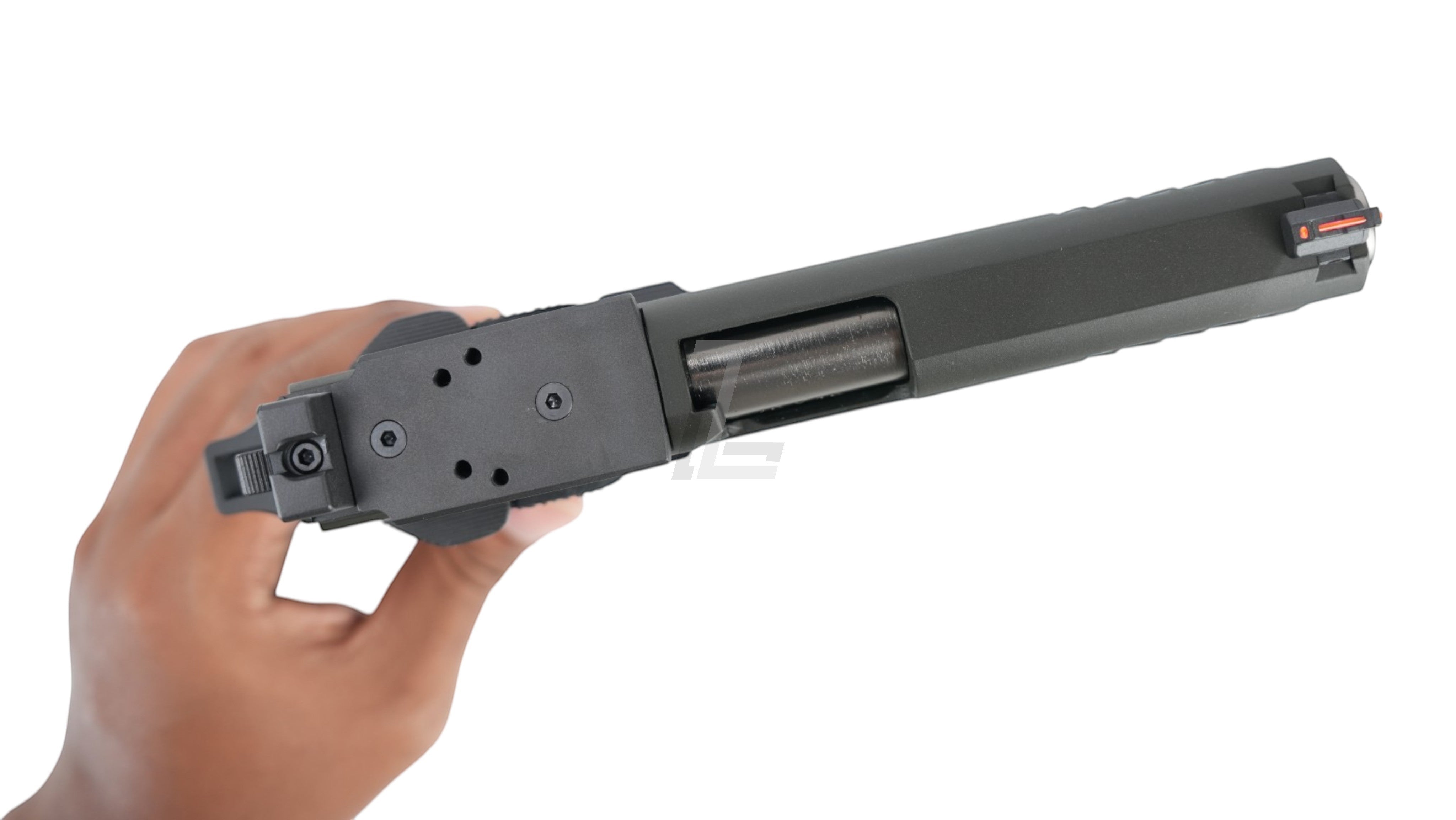 Landing Zone T8 X ARMY PLUS R611-3 STACCATO P GBB airsoft pistol with steel parts, black finish, and orange front sight.