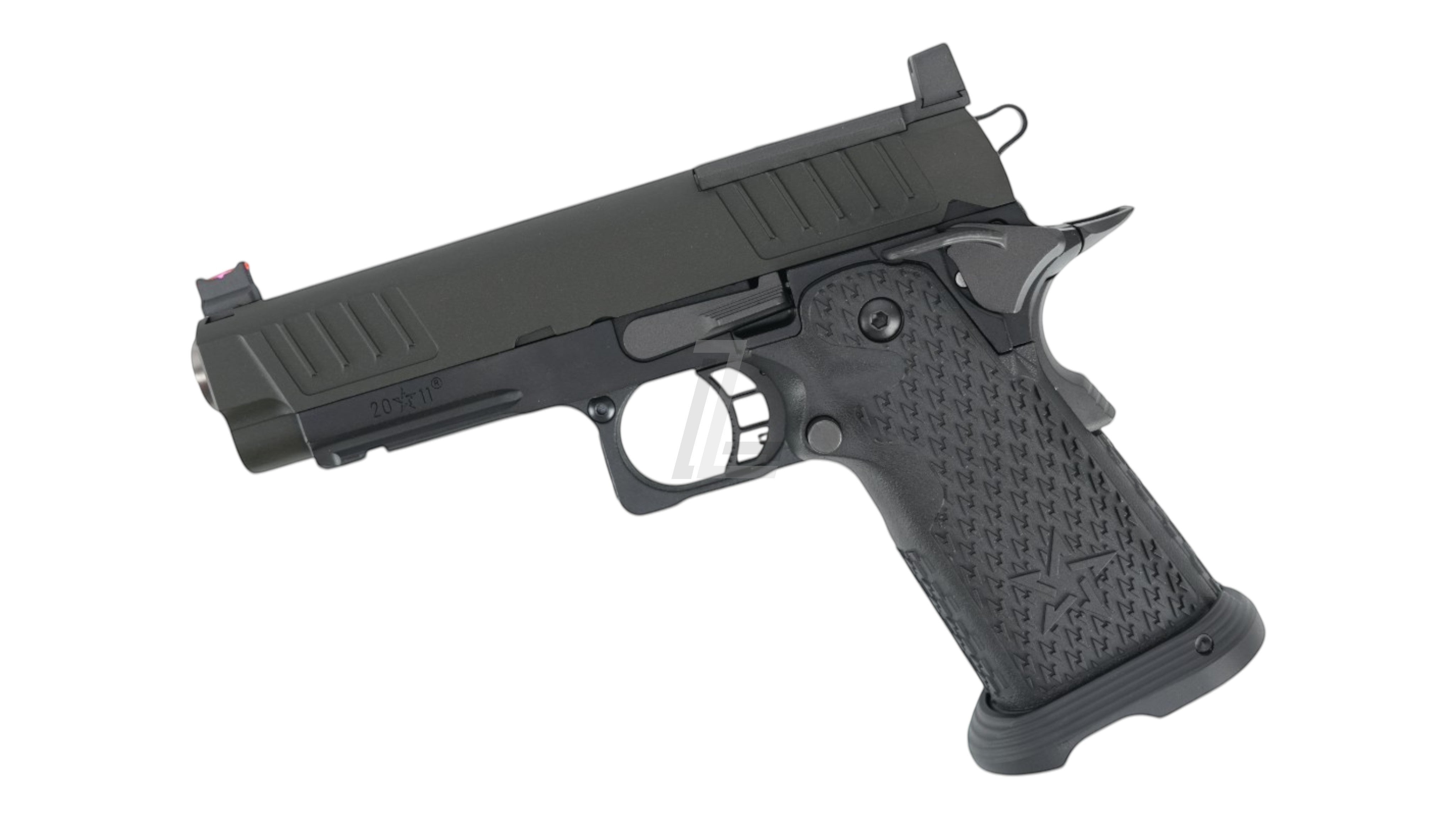 Landing Zone T8 X ARMY PLUS R611-3 Staccato P GBB airsoft pistol with steel parts, black grip, and red fiber optic front sight.