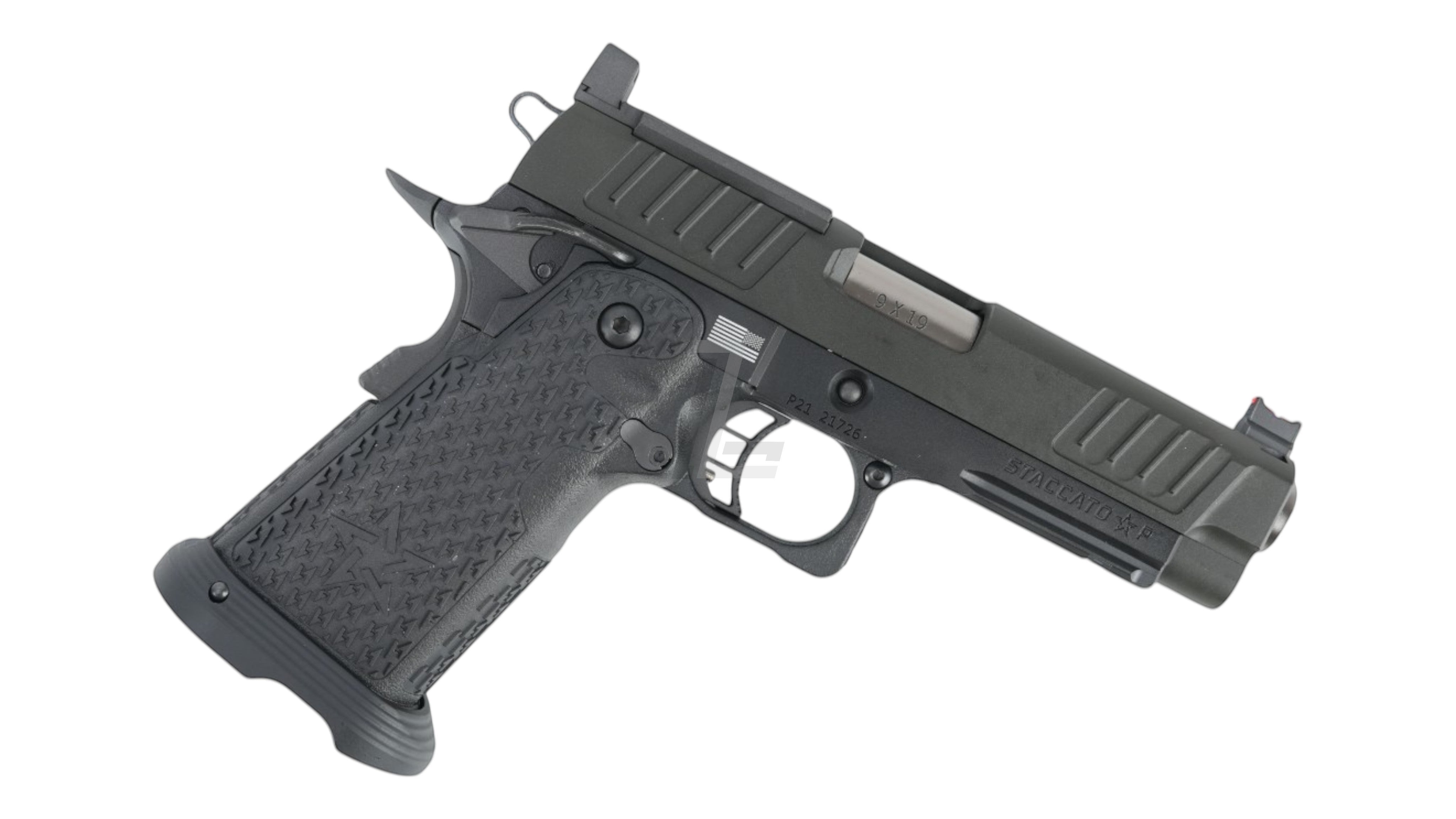 Landing Zone T8 X ARMY PLUS R611-3 Staccato P GBB airsoft pistol with steel parts, dark green slide and black grip.
