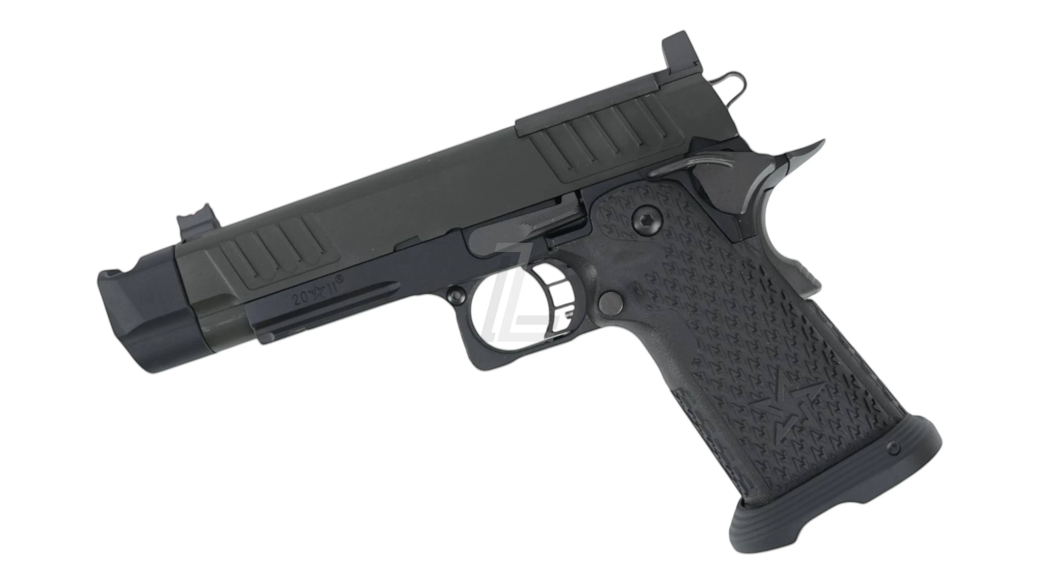 Landing Zone EMG/ARMY PLUS R611-2 Staccato P airsoft pistol with steel parts and compensator. Dark green and black.