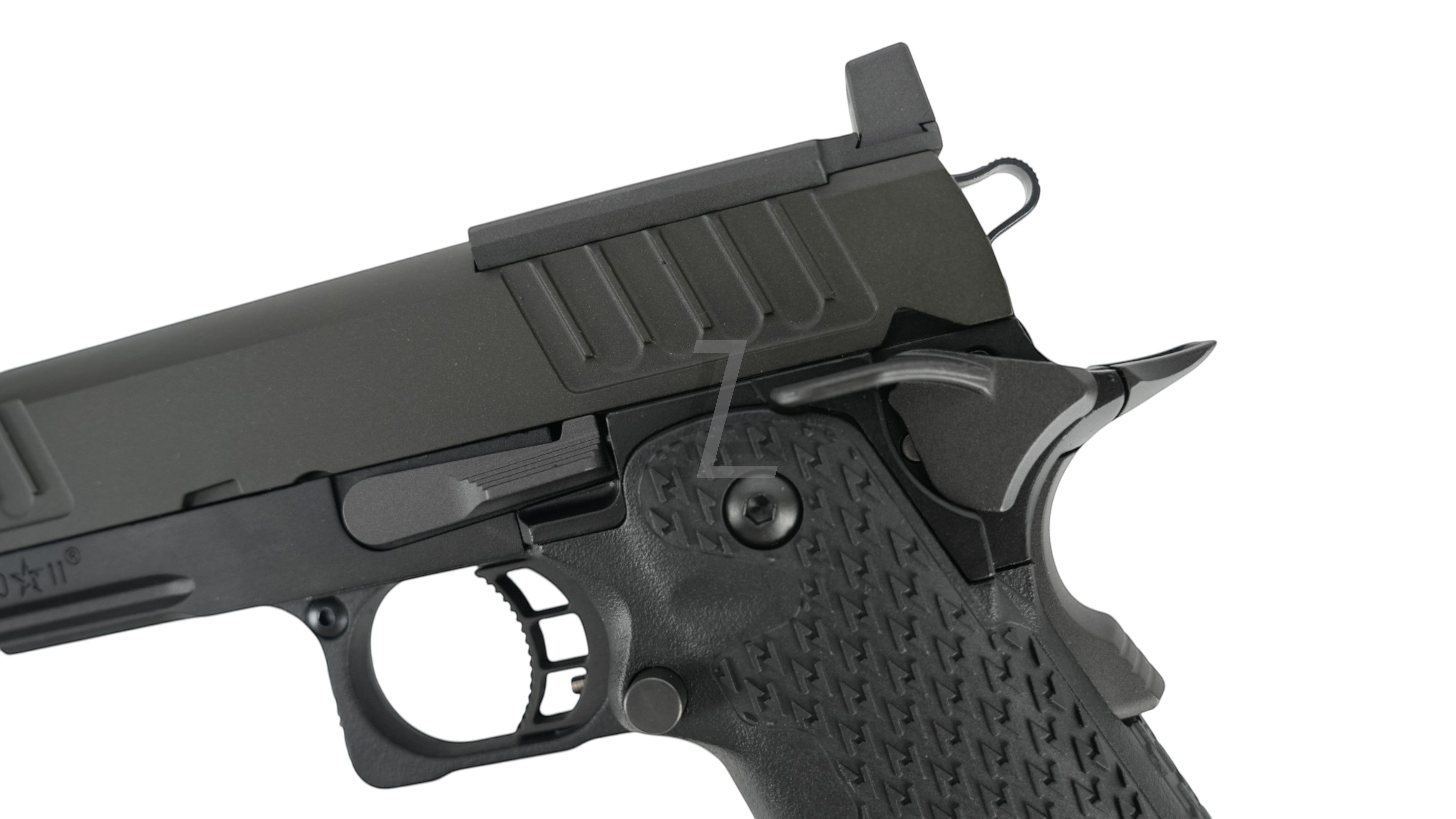 Landing Zone T8 X ARMY PLUS R611-3 STACCATO P GBB airsoft pistol with steel parts, black finish, and textured grip.