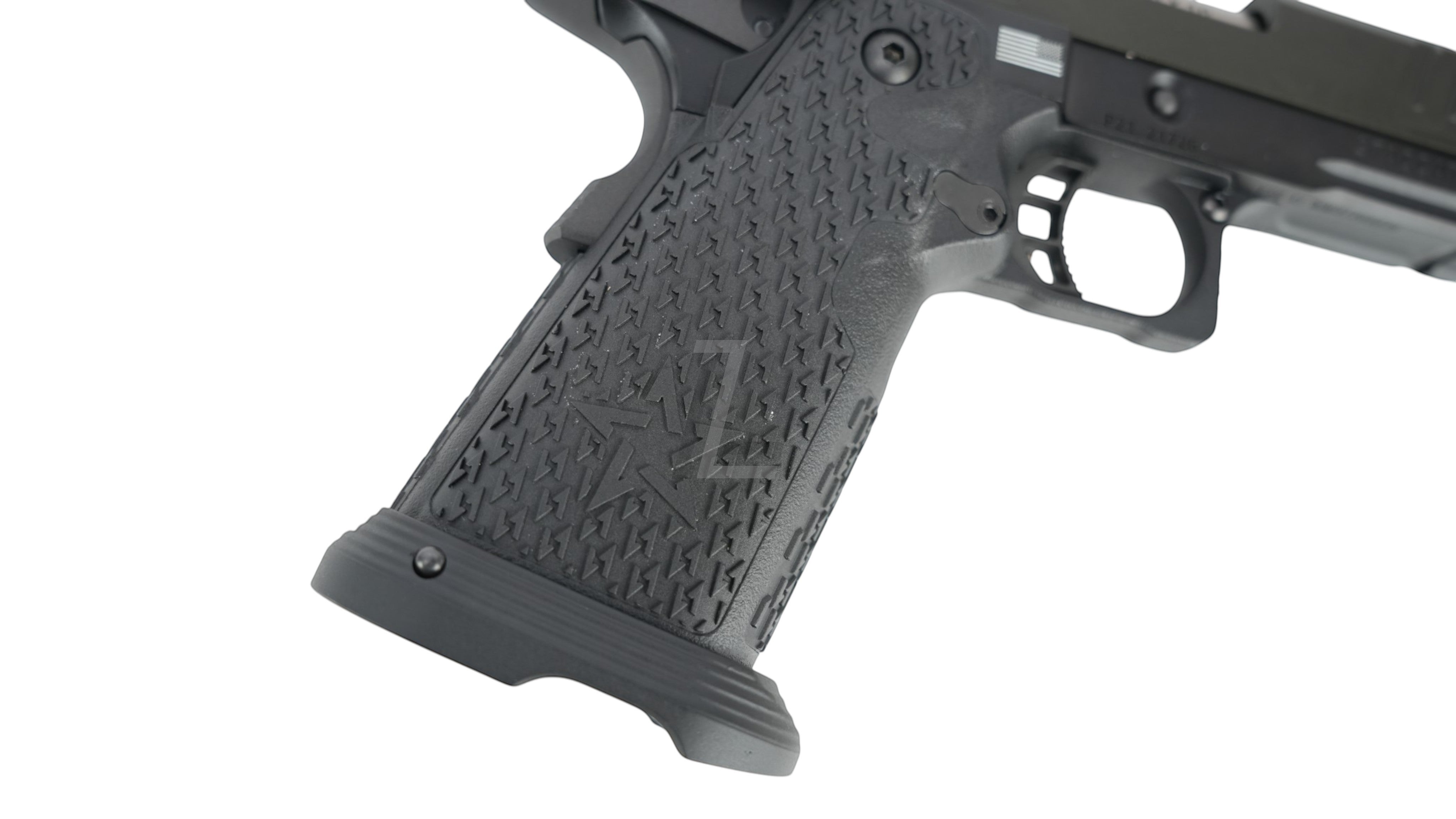 Landing Zone T8 X ARMY PLUS R611-3 STACCATO P GBB airsoft pistol with textured grip and steel parts.