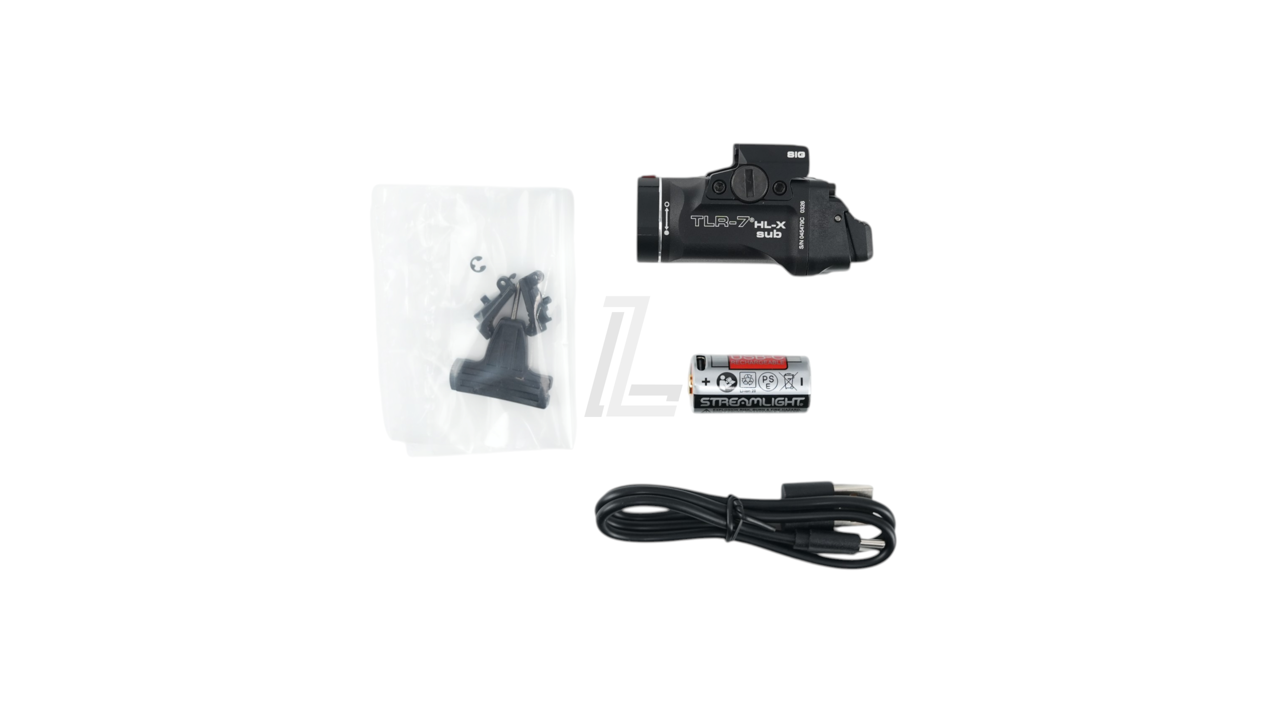 Landing Zone Streamlight TLR-7 HL-X sub gun light for Sig Sauer P365 with SL-B9 battery, mounting kit, and USB cable.