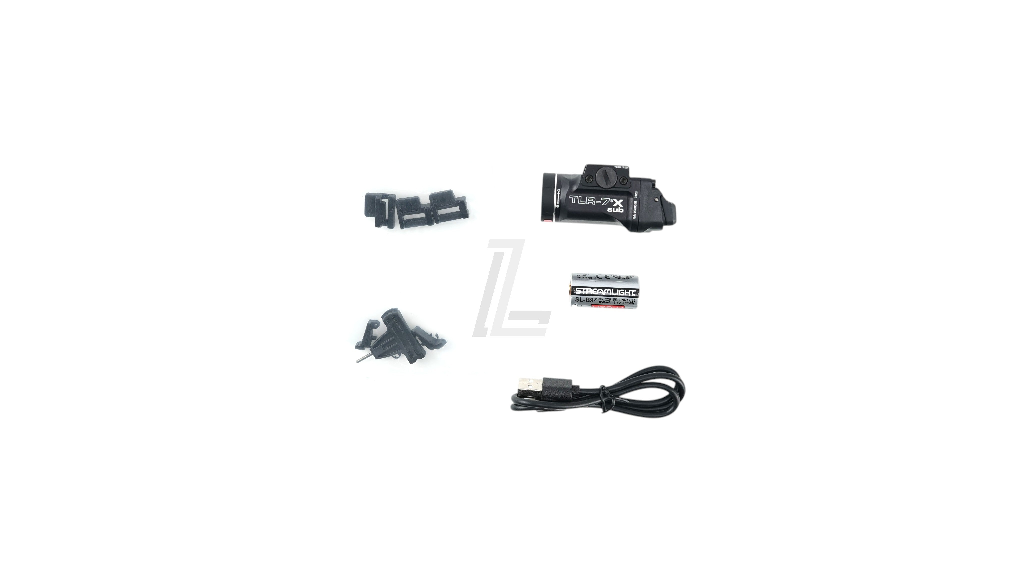 Landing Zone Streamlight TLR-7X sub gun light kit with USB battery, mounting hardware, and charging cable.