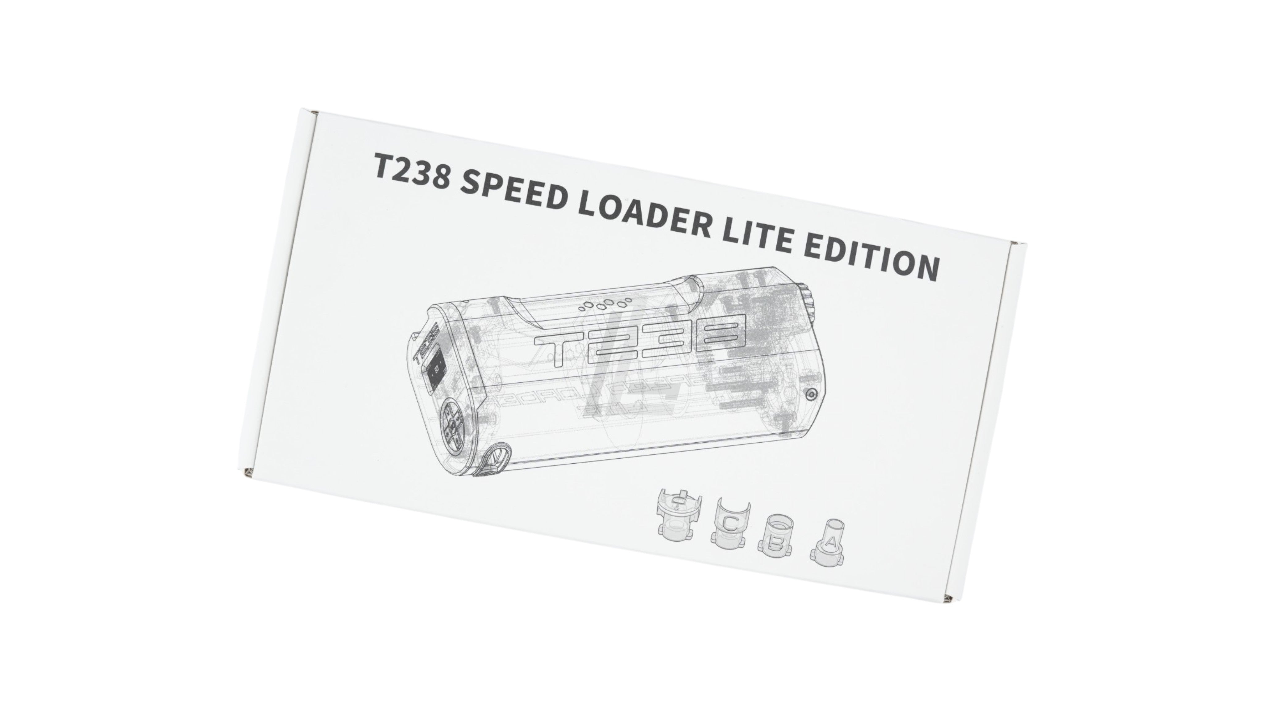 Landing Zone T238 Electric Speed Loader Lite packaging box showing product illustration and included nozzle adapters