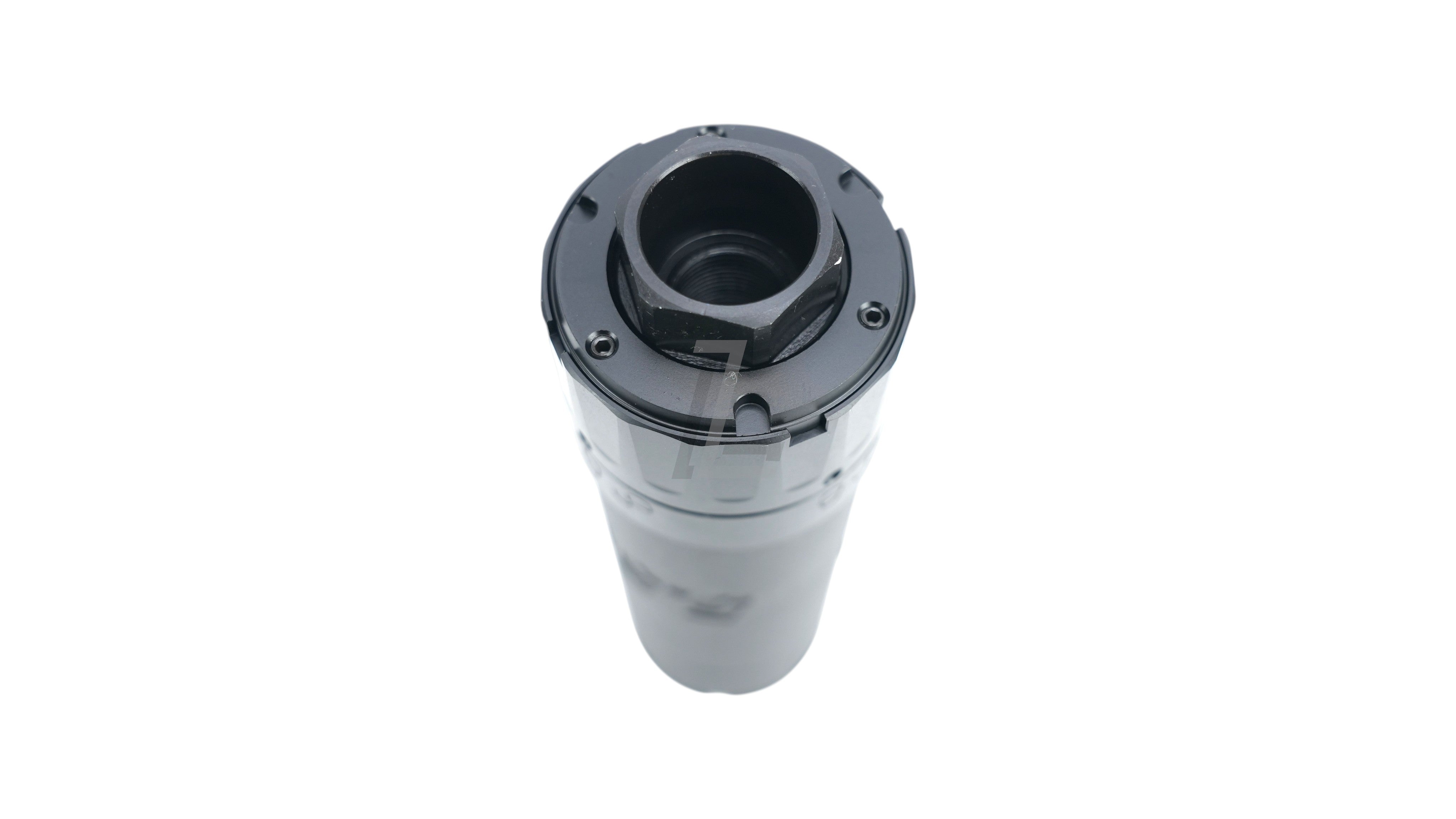 Landing Zone TASK FORCE SLX556C black firearm suppressor with integrated flash hider mount, top-down view.
