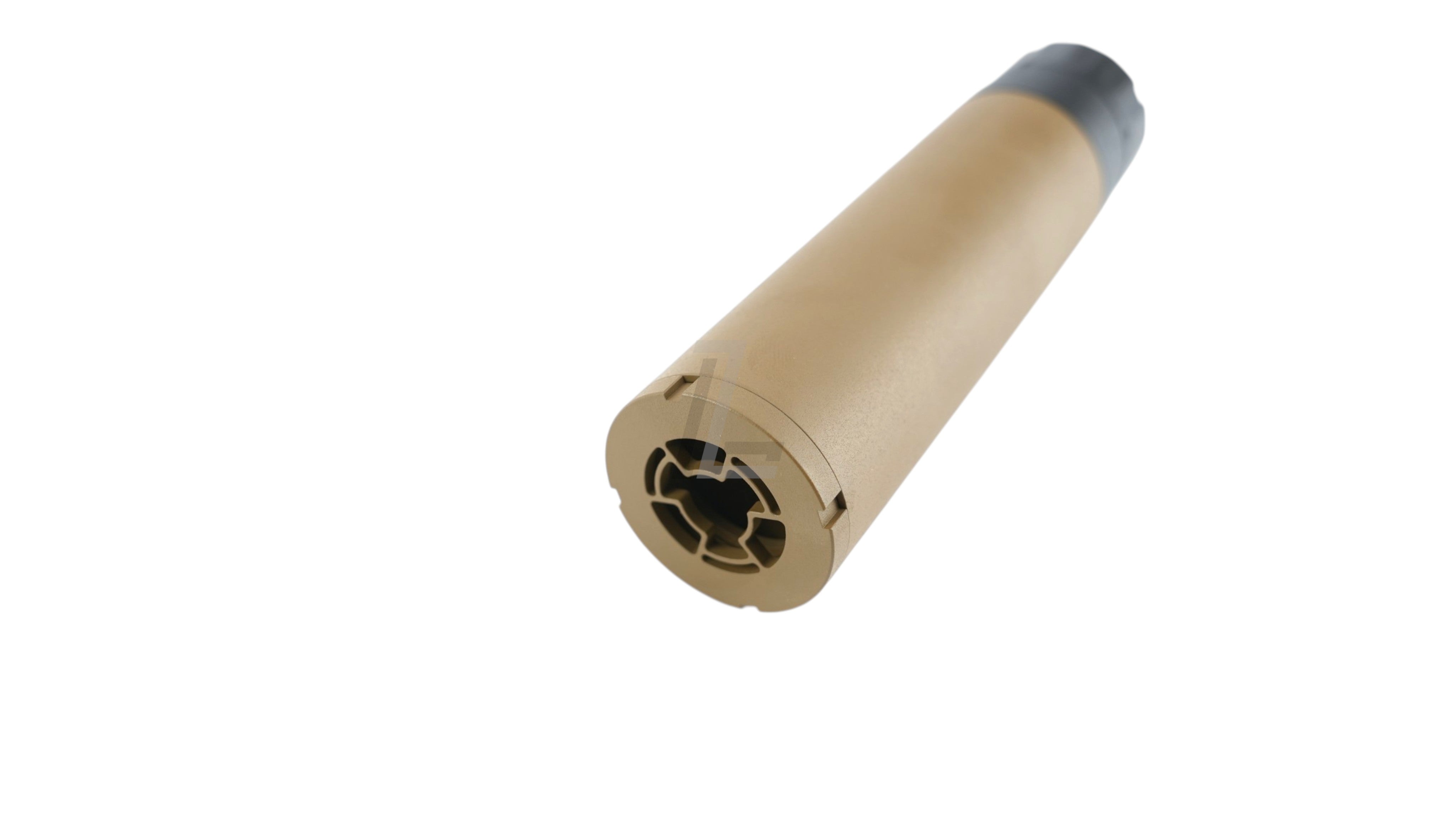 Landing Zone TASK FORCE XM7 SLX 6.8 airsoft suppressor in tan with a black end cap for tactical rifle customization