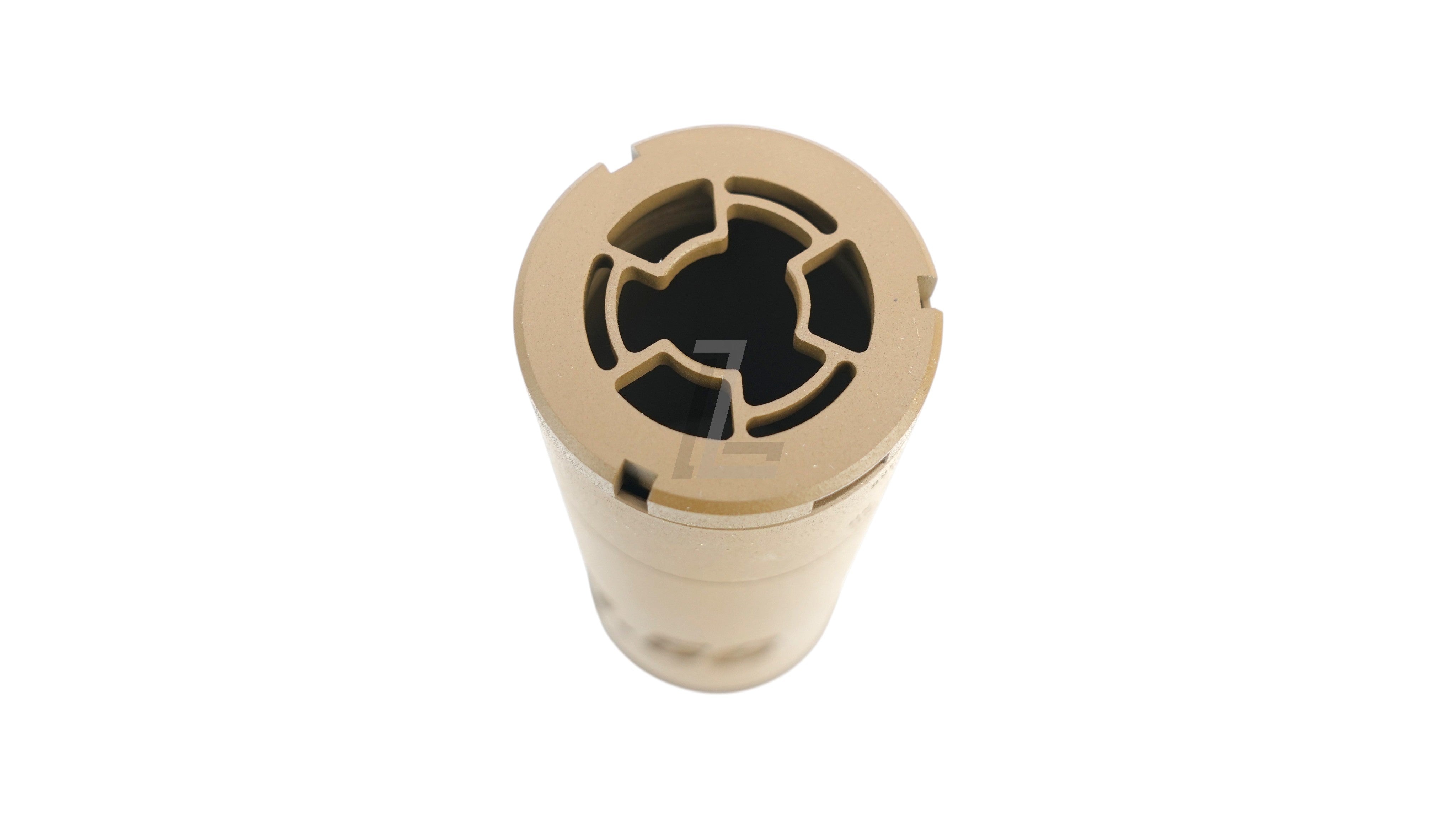 Landing Zone TASK FORCE SLX556C tan suppressor with integrated flash hider, top-down view showing muzzle aperture