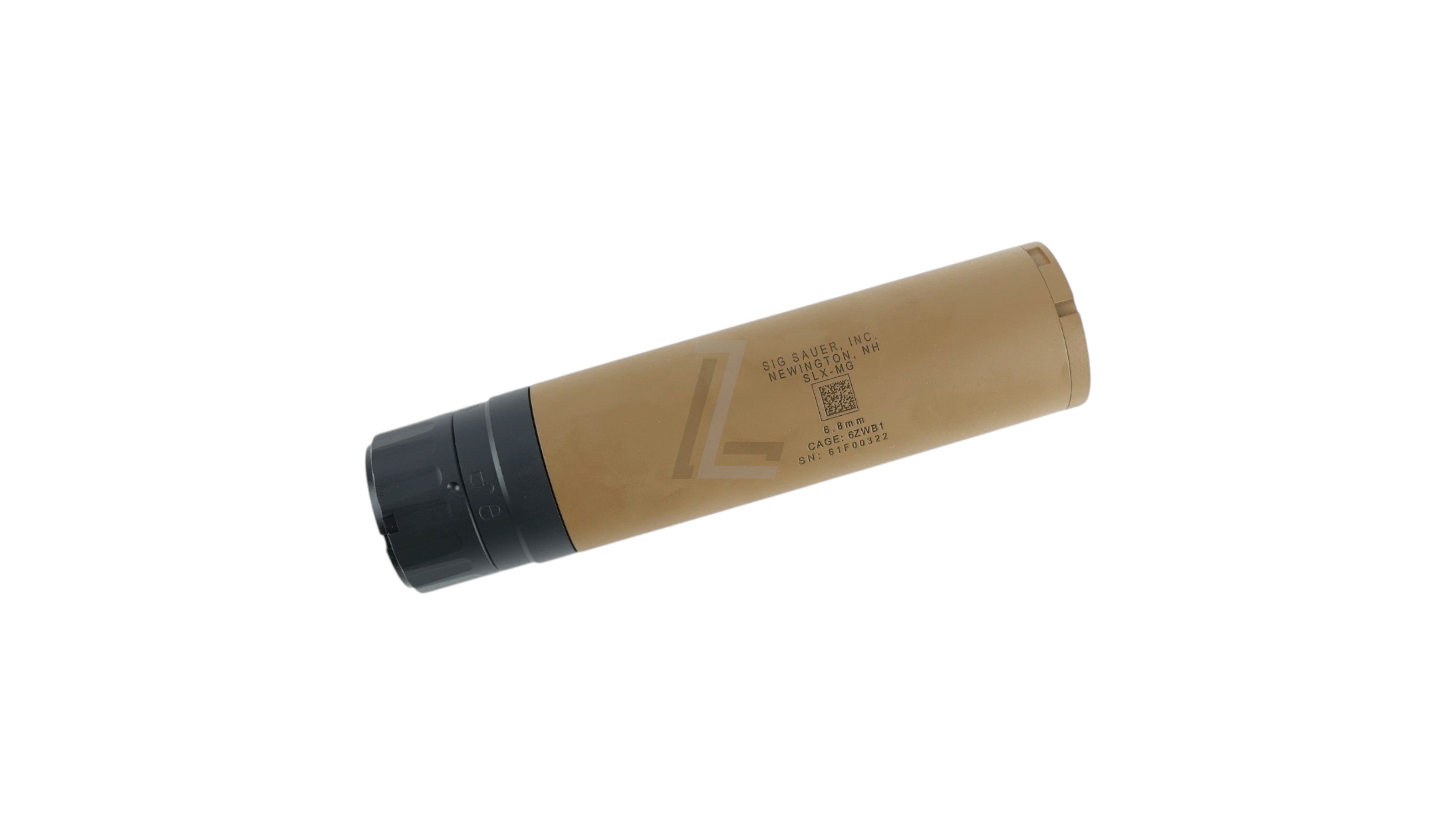 Landing Zone TASK FORCE XM7 SLX 6.8 airsoft suppressor in tan with black mount and authentic laser-engraved markings.