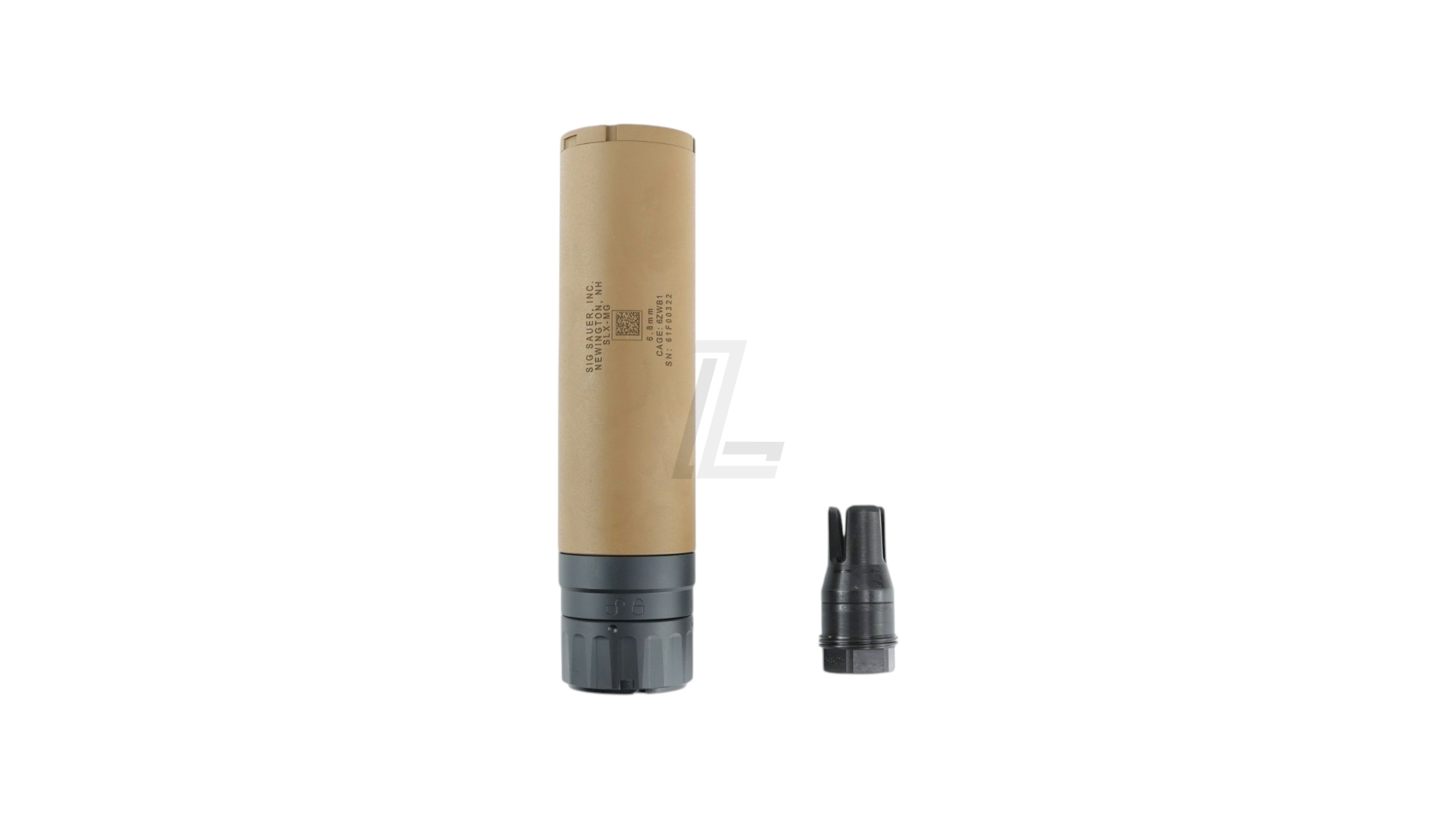 Landing Zone TASK FORCE XM7 SLX 6.8 airsoft suppressor in tan with black muzzle device and authentic markings