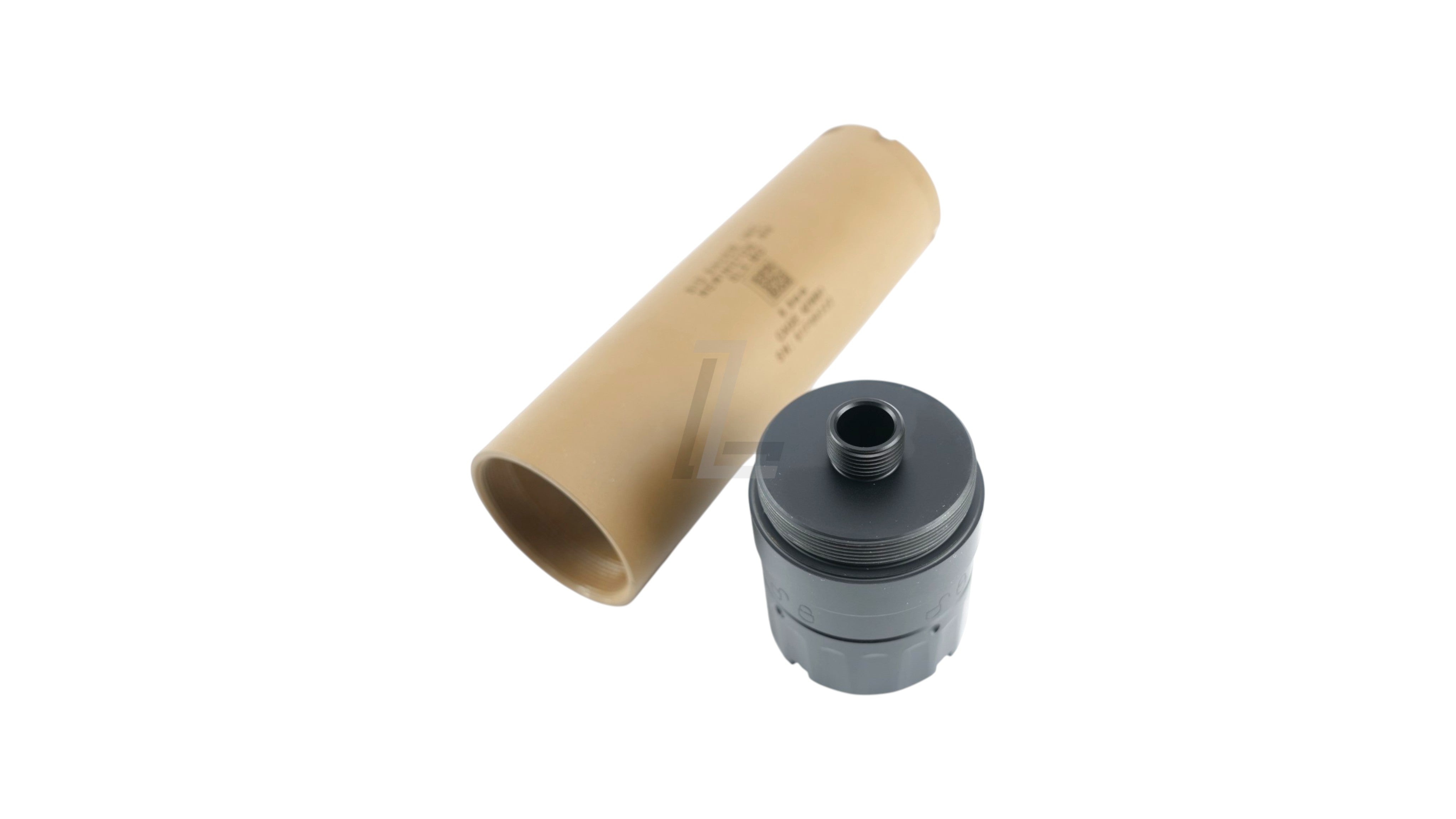Landing Zone TASK FORCE XM7 SLX 6.8 airsoft suppressor in tan with a black threaded mounting base.